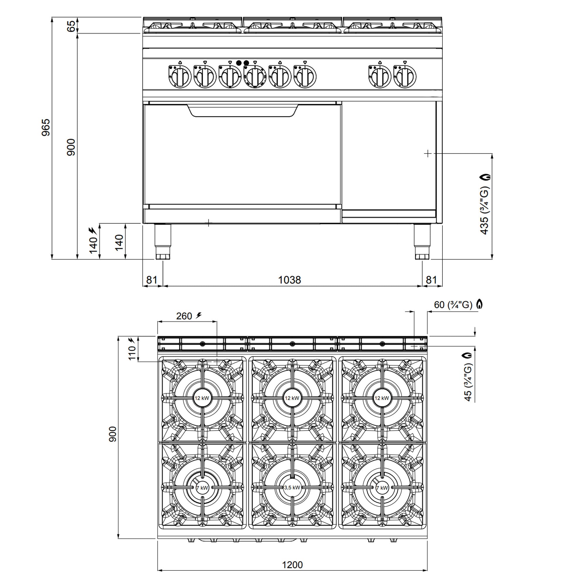 Газова печка 6x котлона (53,5 kW) + електрическа статична фурна (7,5 kW)