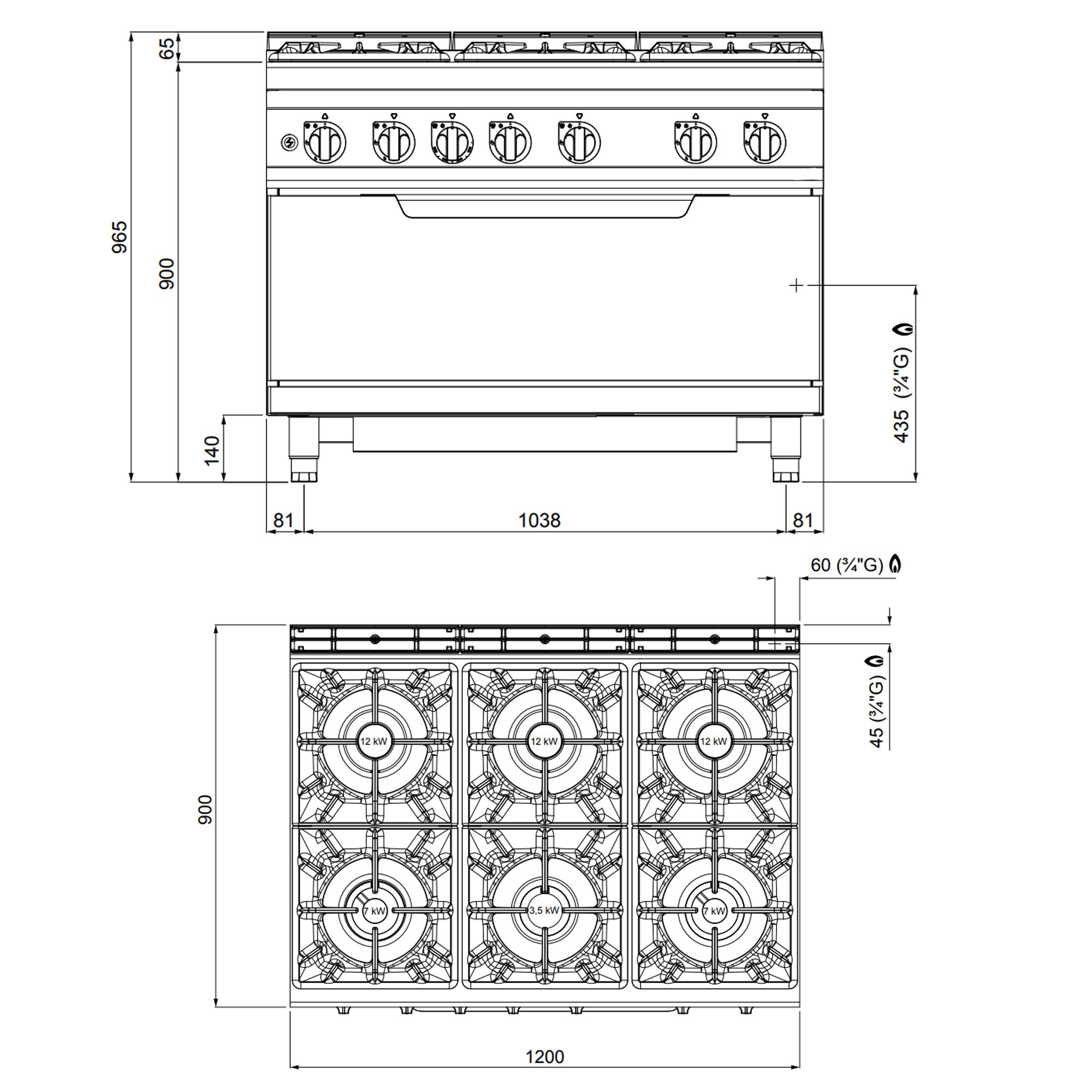 Газова печка 6х котлона (53,5 kW) + газова фурна (12 kW)