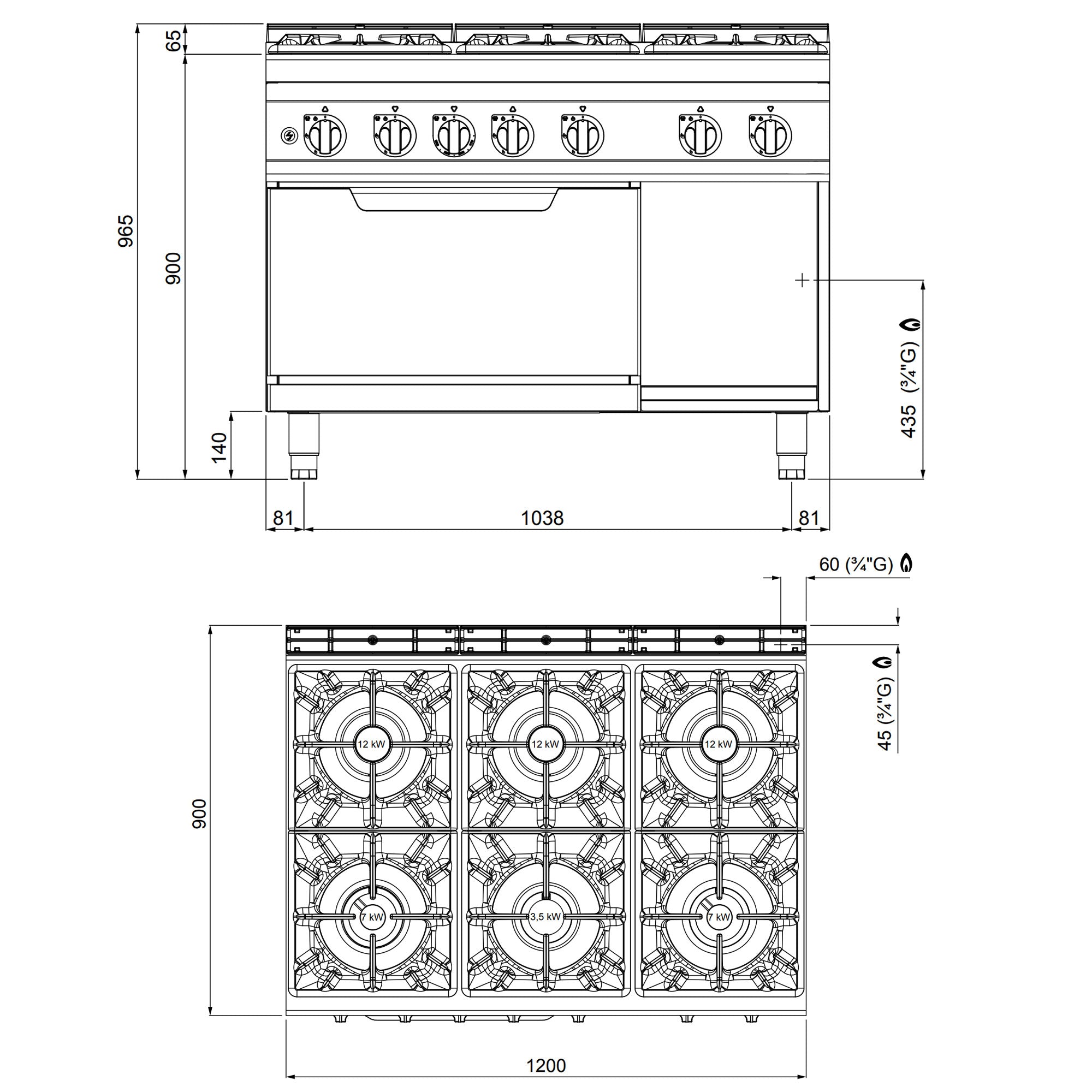 Газова печка 6х котлона (53,5 kW) + газова фурна (7,8 kW)