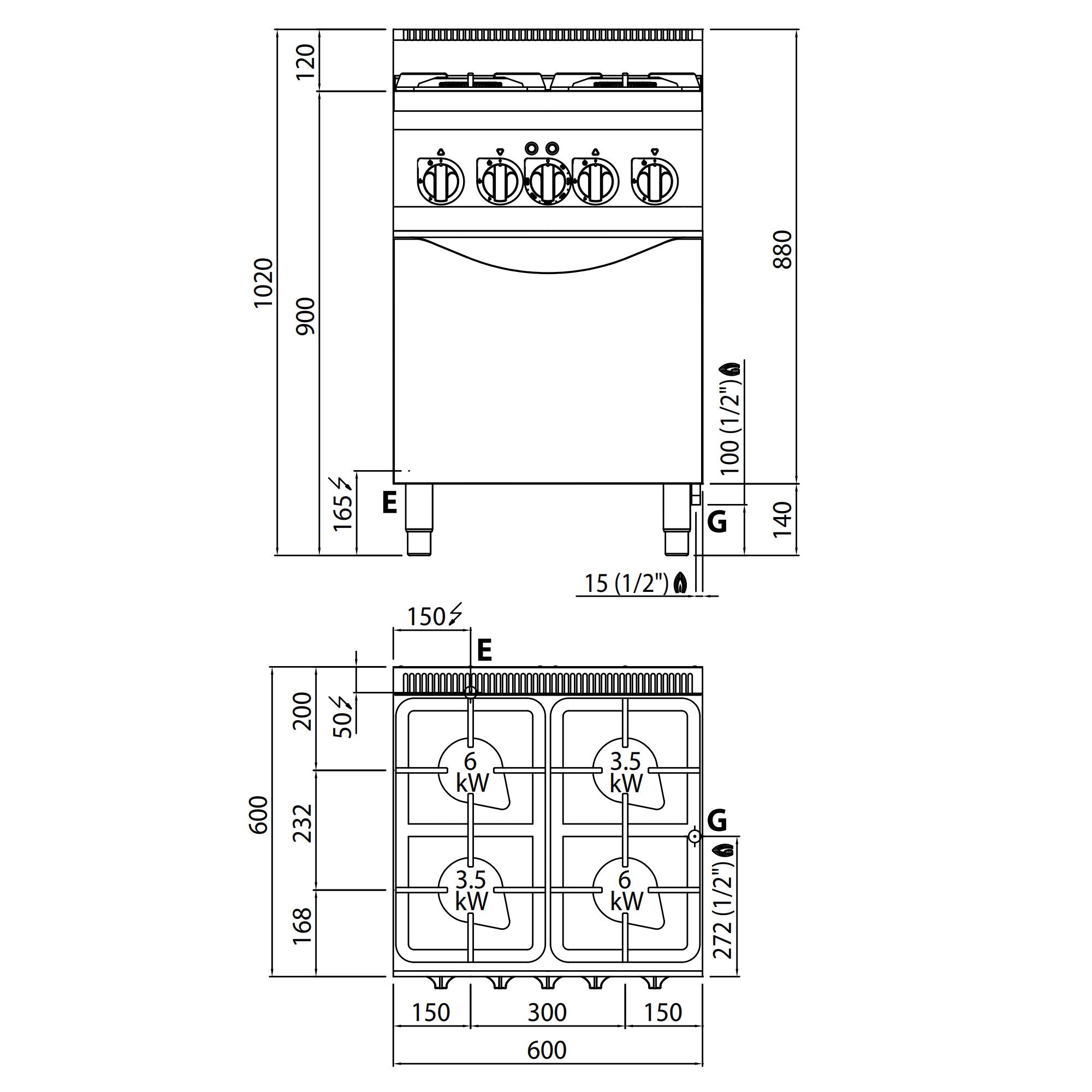 Газова печка 4x котлона (19 kW) + електрическа конвекционна фурна (3 kW)