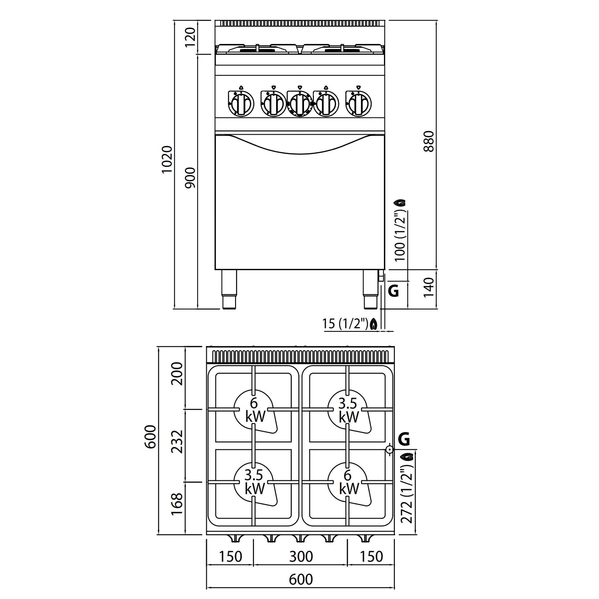 Газова печка 4x котлона (19 kW) + газова фурна (3,5 kW)