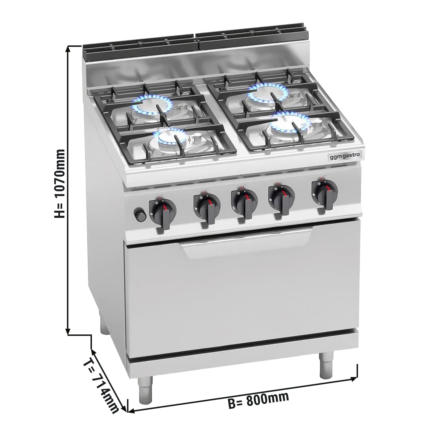 Газова печка 4x котлона (21,5 kW) + електрическа статична фурна (7,5 kW)