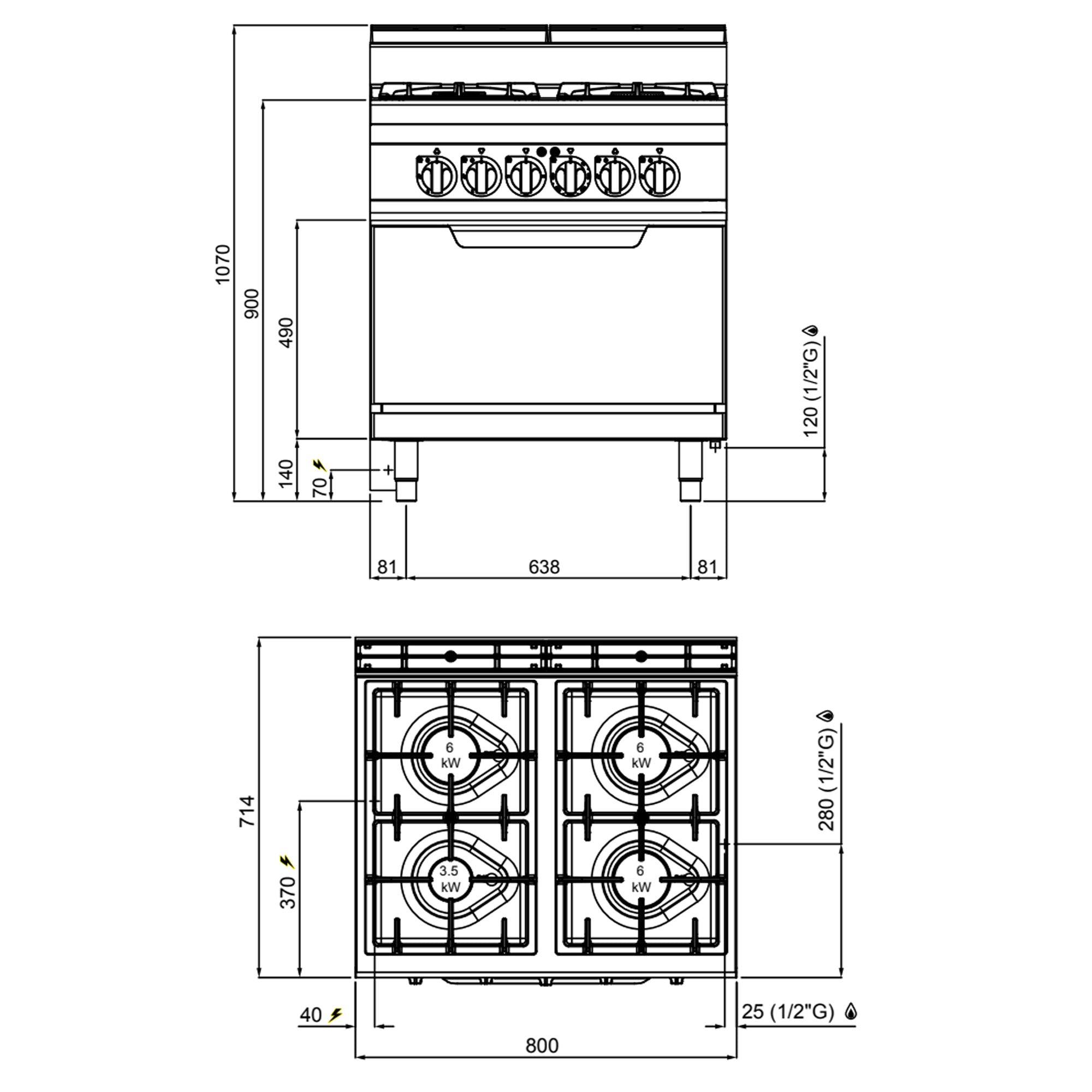 Газова печка 4x котлона (21,5 kW) + електрическа статична фурна (7,5 kW)