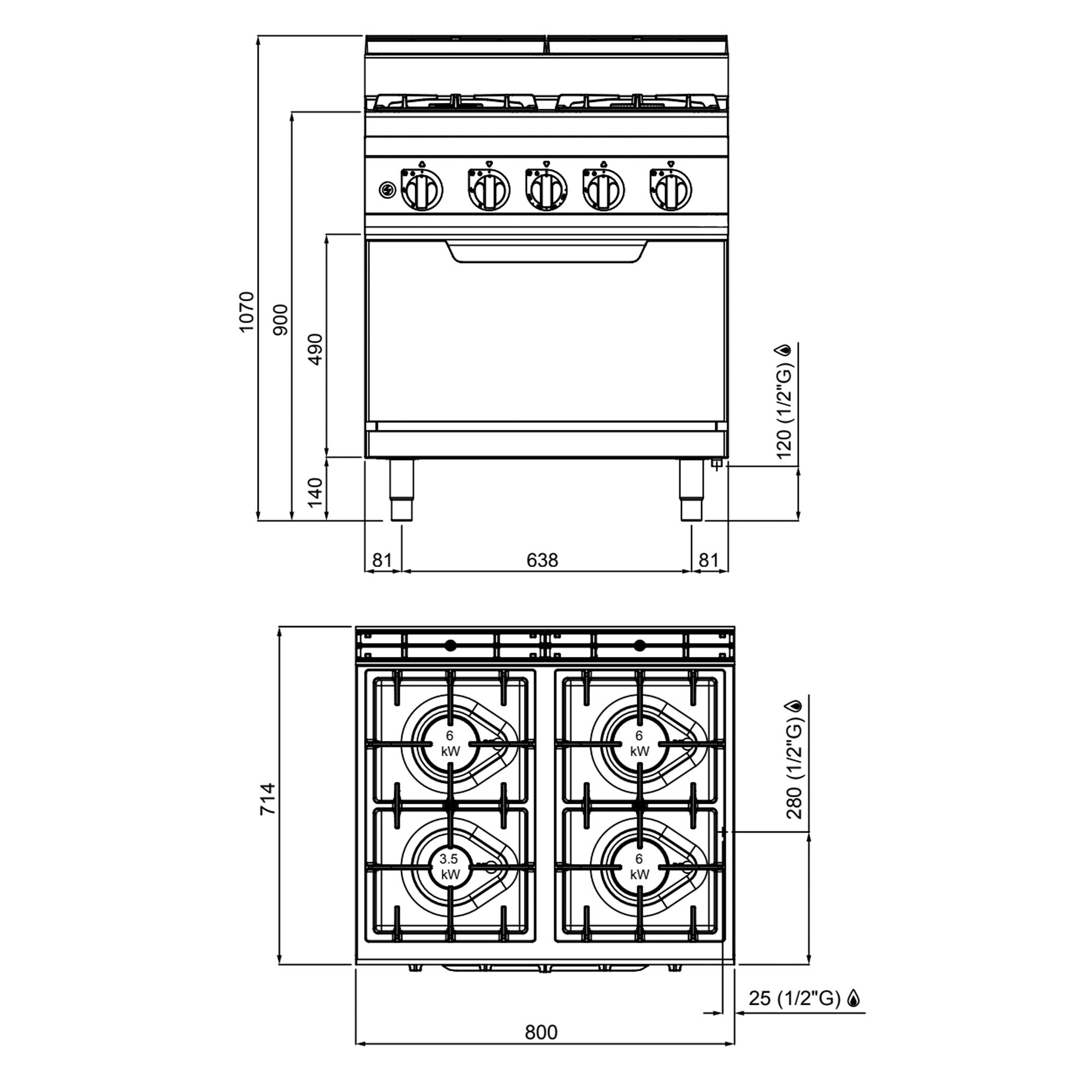 Газова печка 4x котлона (21,5 kW) + газова фурна (7,8 kW)