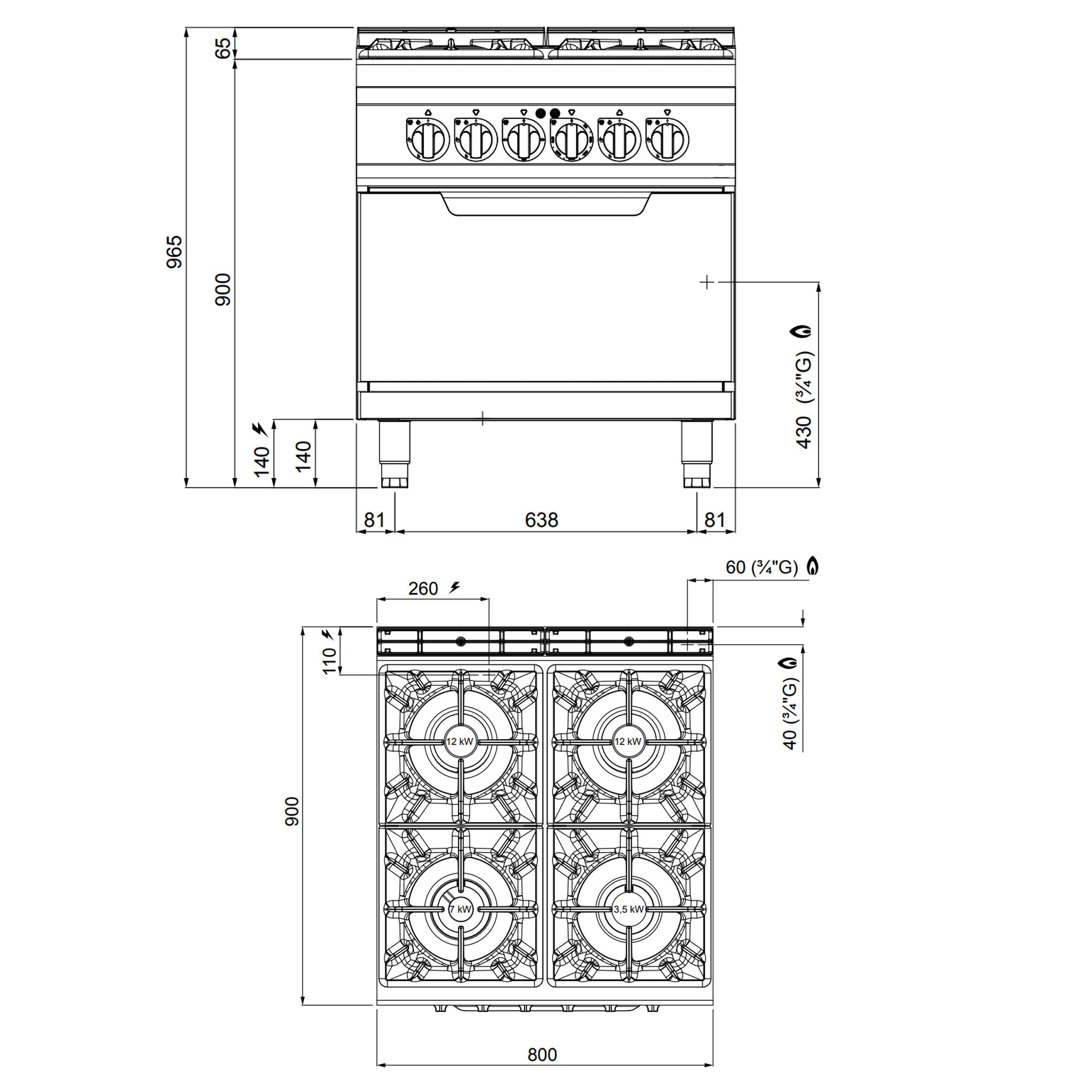 Газова печка 4x котлона (34,5 kW) + електрическа статична фурна (7,5 kW)