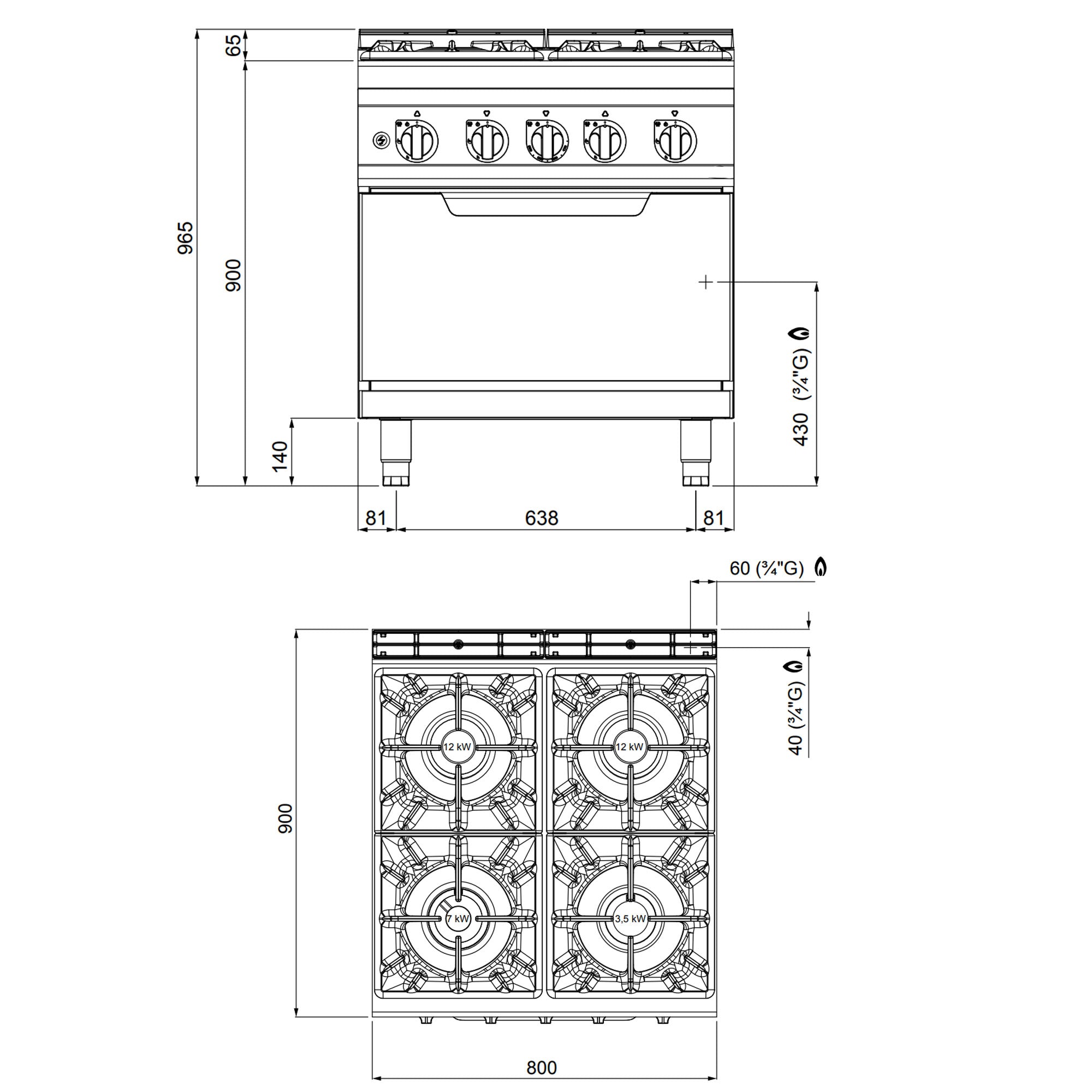 Газова печка 4x котлона (34,5 kW) + газова фурна (7,8 kW)