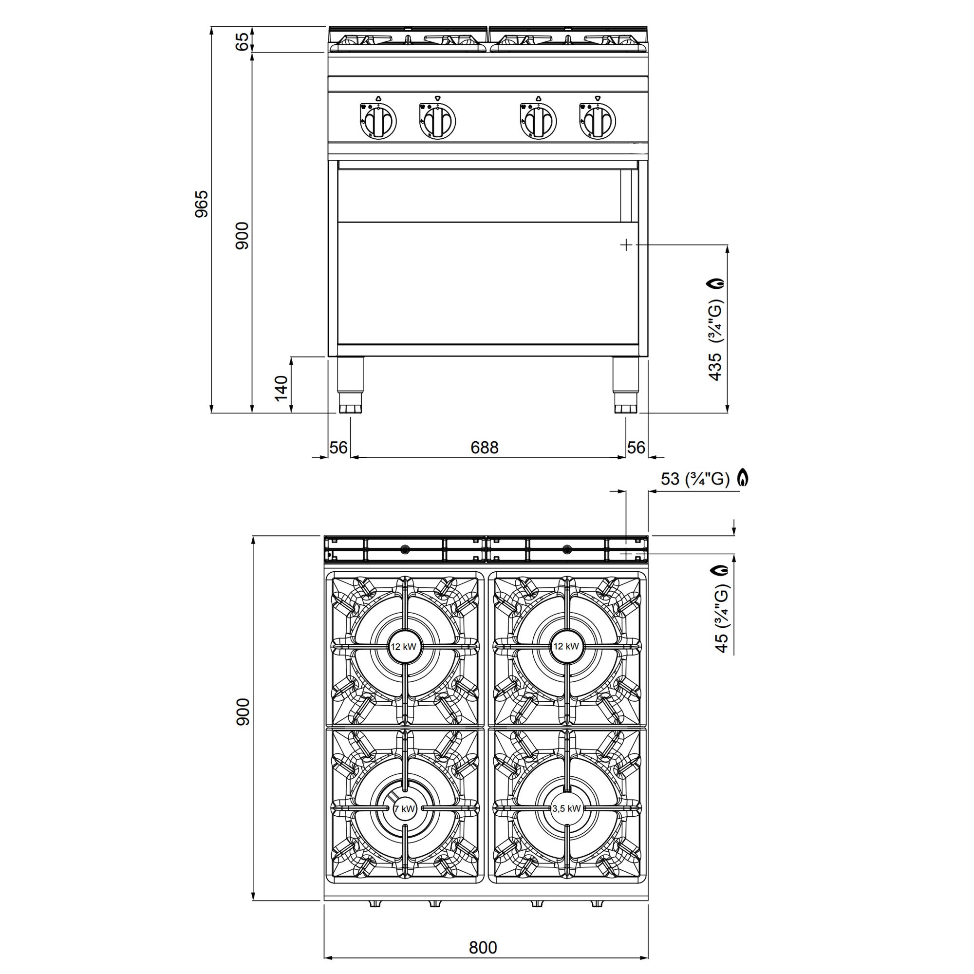 Газова печка 4x котлона (34,5 kW) с пилотно запалване