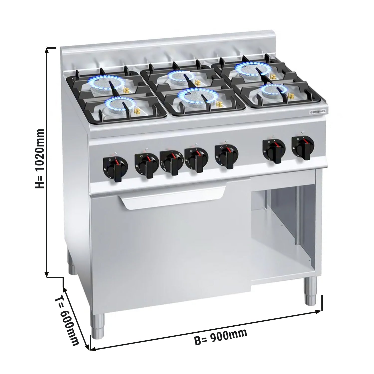 Gas stove 6x hotplate (28.5 kW) + gas oven (3.5 kW)