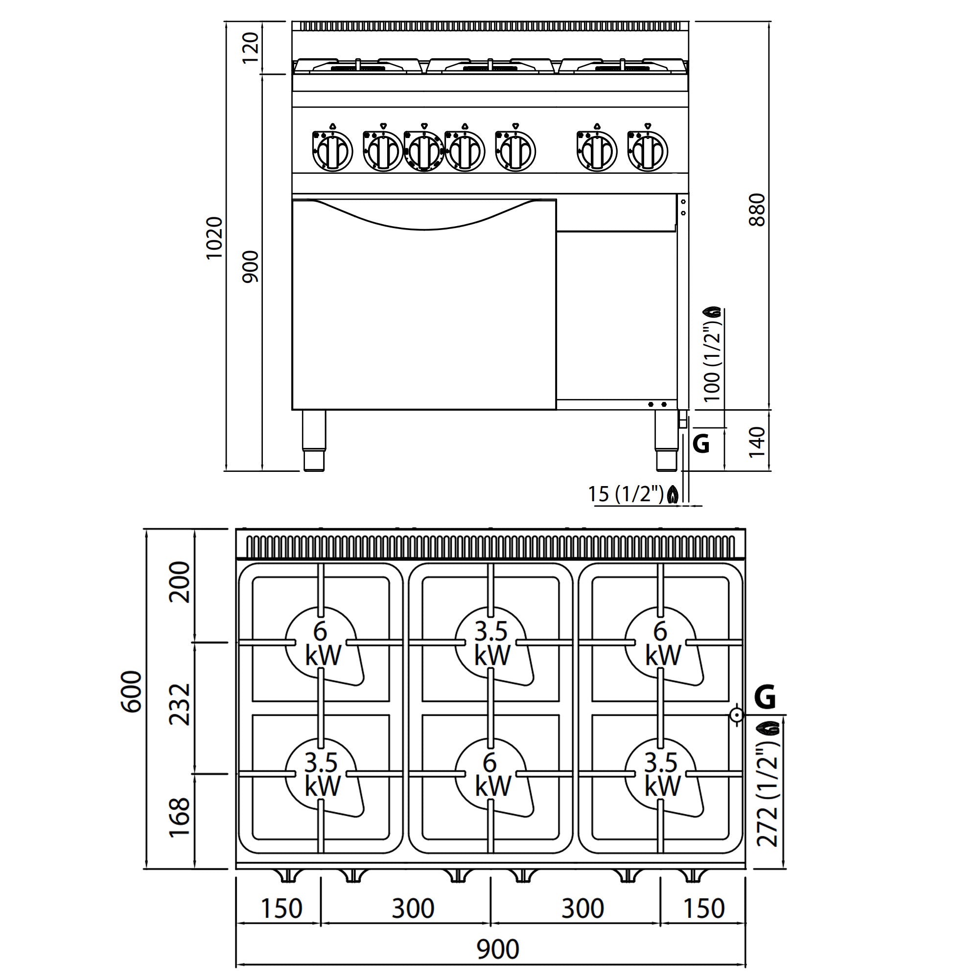 Газова печка 6x котлона (28,5 kW) + газова фурна (3,5 kW)