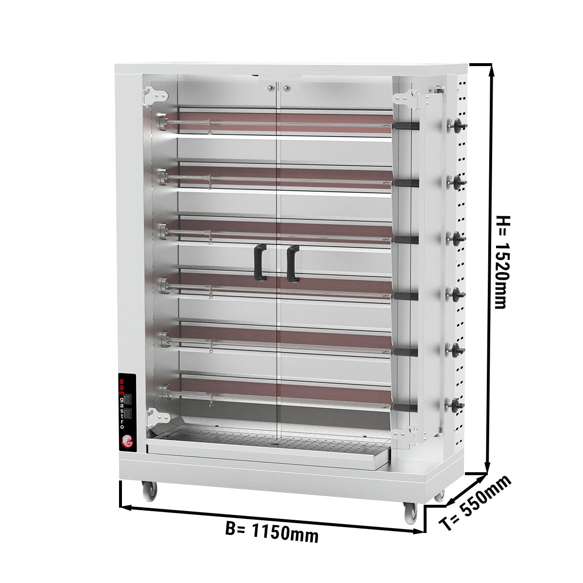 Gas grill for chickens with 6 shishas for 30 chickens