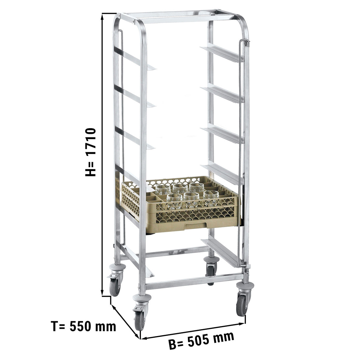 Stainless steel dish trolley - for 6 baskets