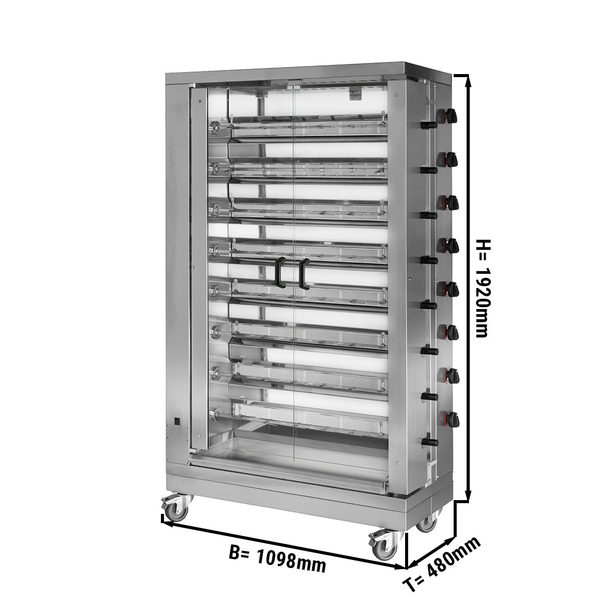 Gas grill for chickens with 8 shishas for 48 chickens