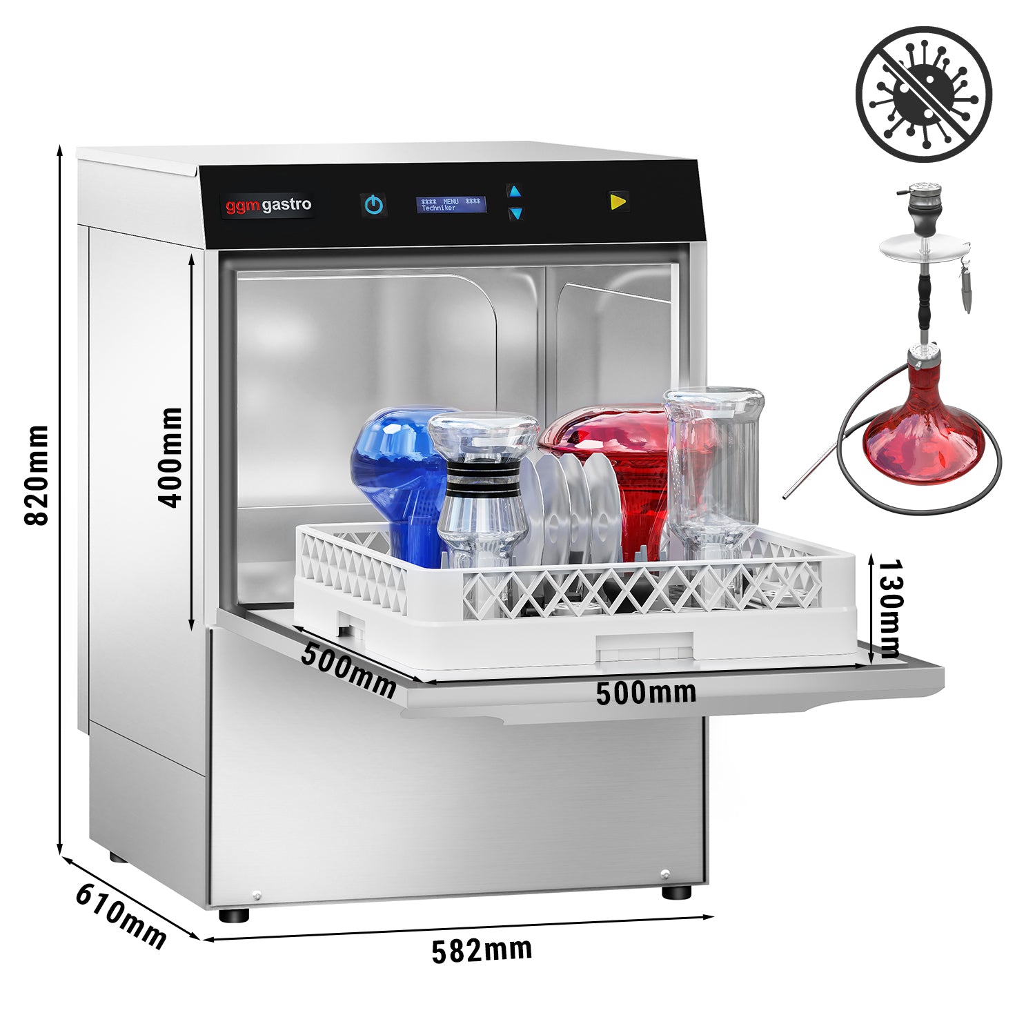 SHISHA dishwasher - 4.9 kW - with drain and cleaning pump, rinse source and descaling agent (double wall)