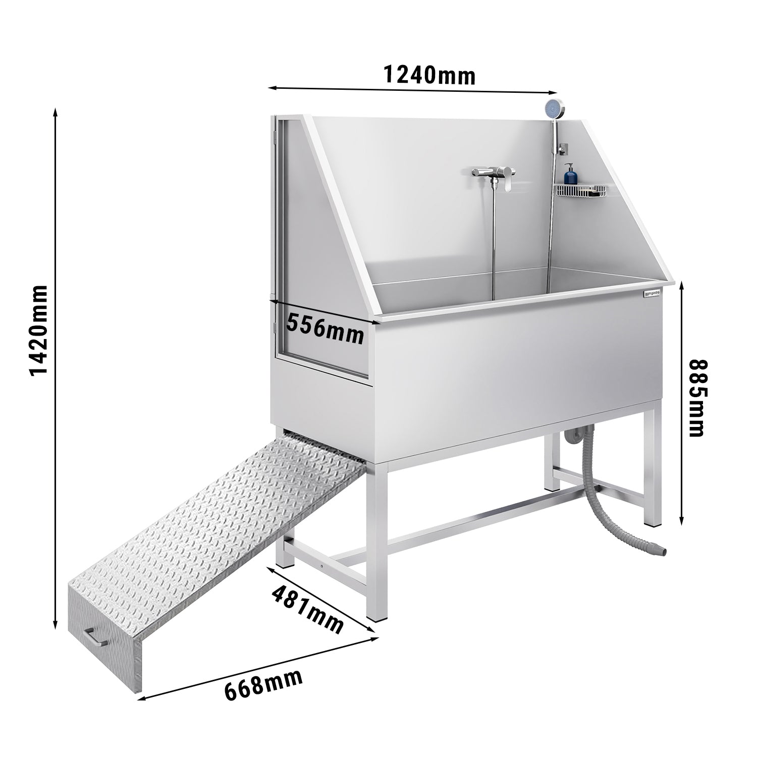Вана за домашни любимци - с рампа, кран и перфориран под от неръждаема стомана