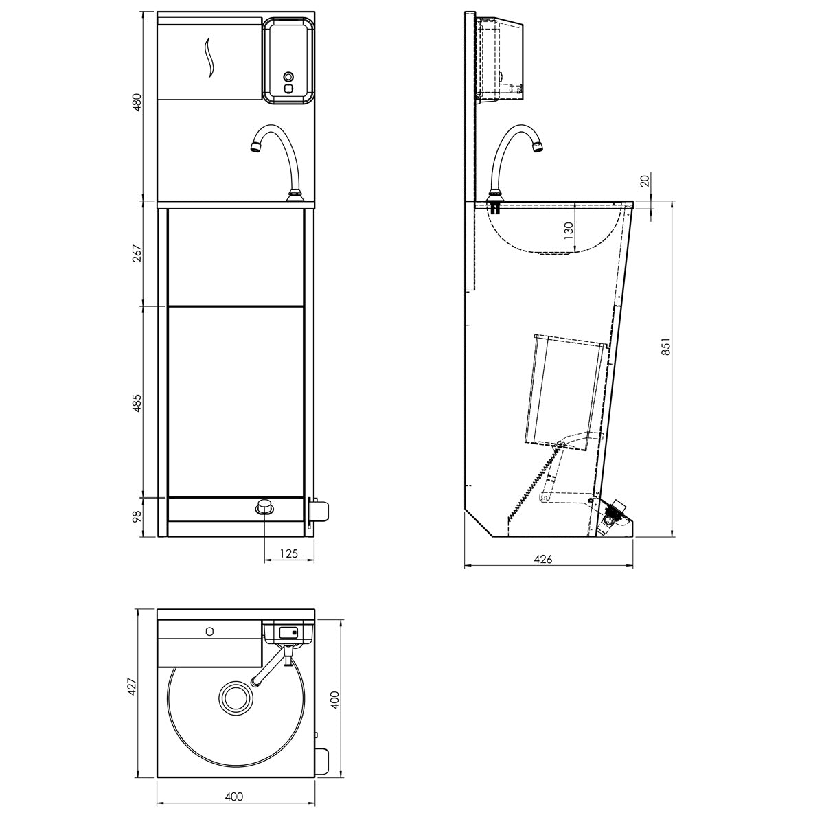 Hand wash basin 40 x 40 cm with mixer tap (cold and hot water connection)