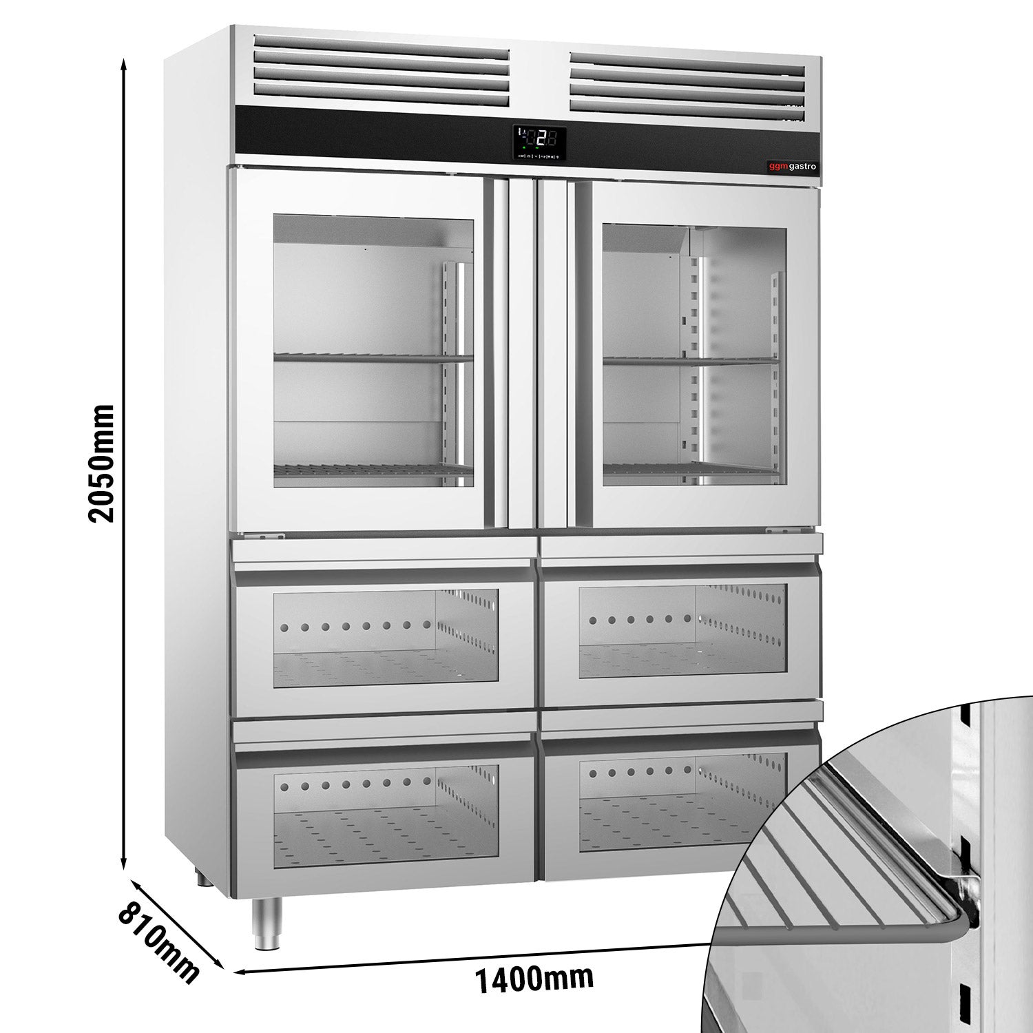 Хладилник 1,4 х 0.81м с 2 стъклени врати и 4 стъклени чекмеджета 1/2