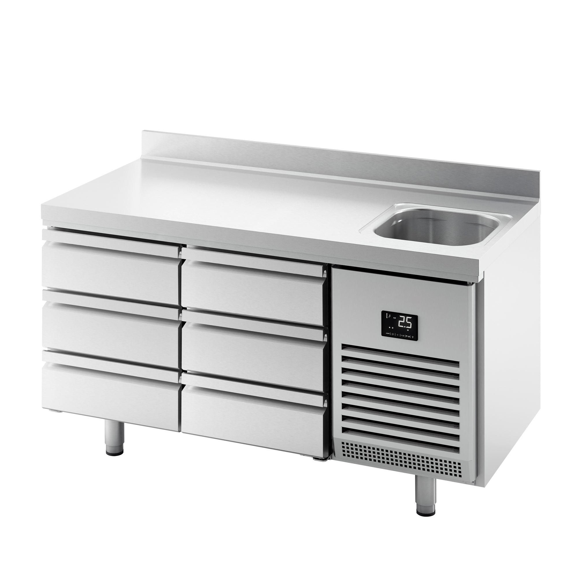 Refrigerated table - with 1 sink, 6 drawers 1/3 and back