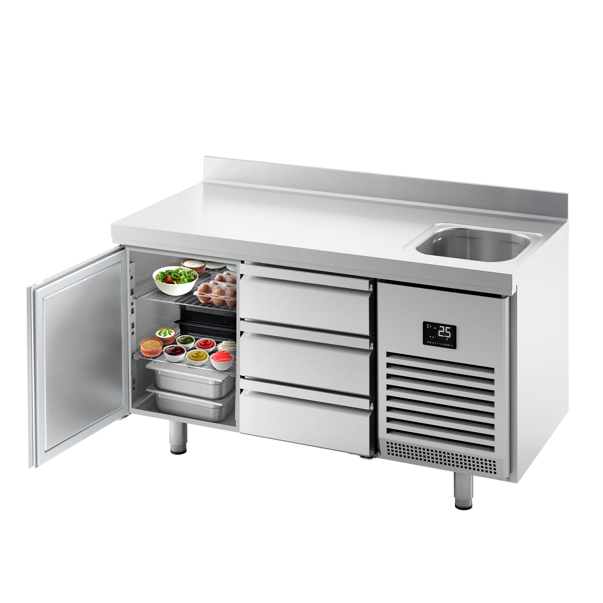 Refrigerated table - with 1 sink, 1 door, 3 drawers 1/3 and back