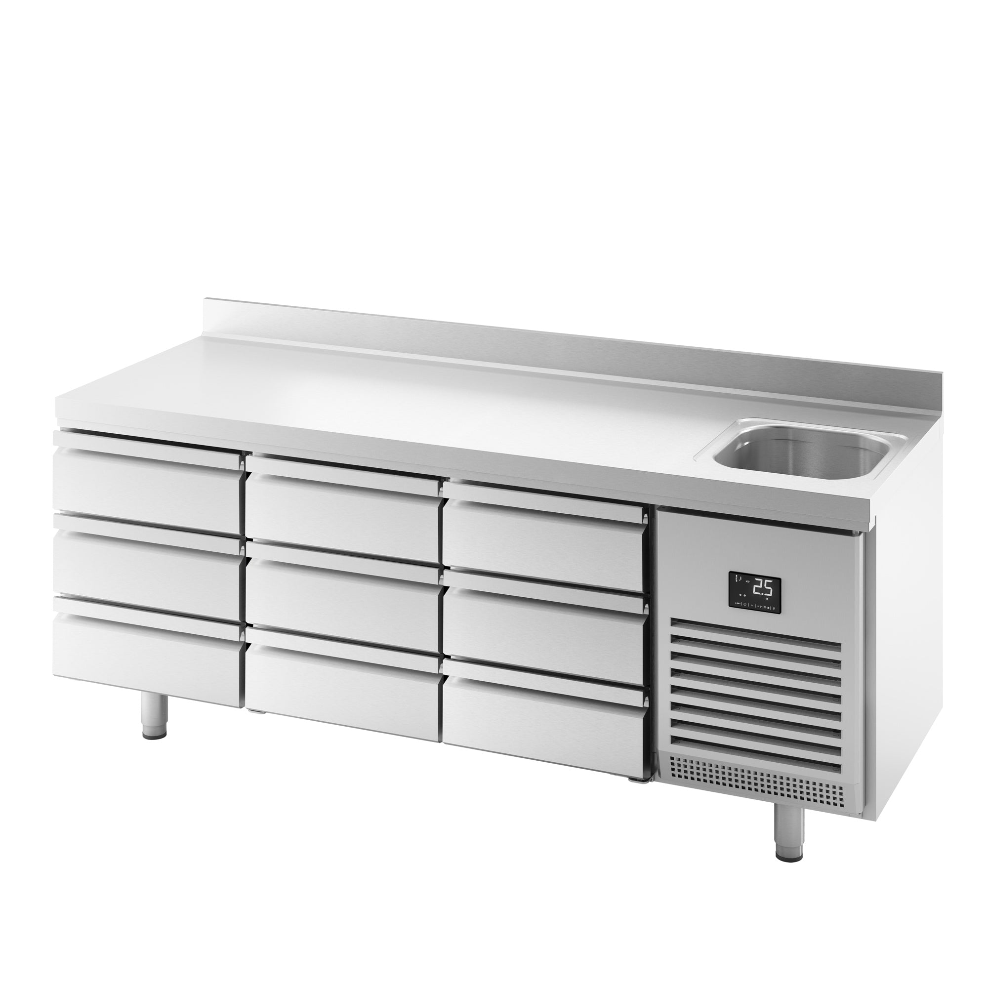 Refrigerated table - with 1 sink, 9 drawers 1/3 and back