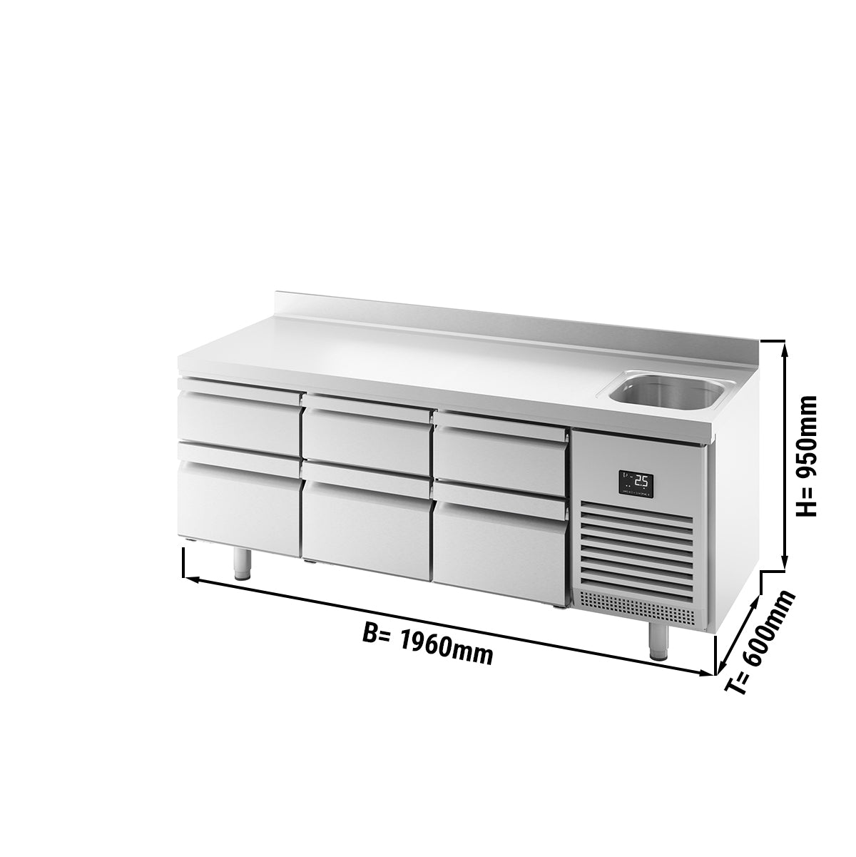 Refrigerated table - with 1 sink, 6 drawers 2/3 and 1/3 and spine panel