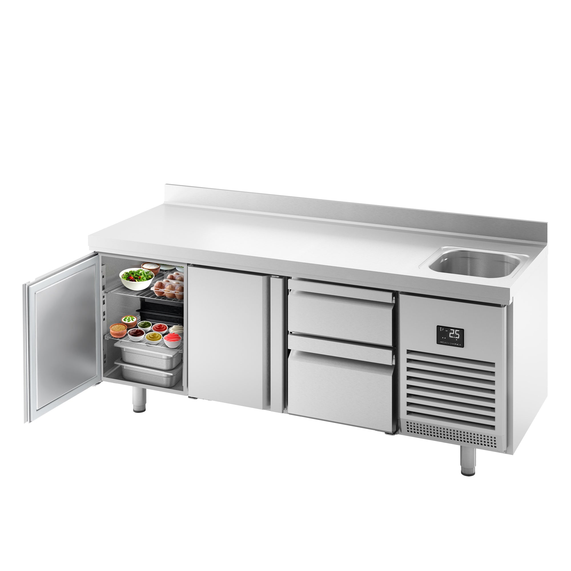 Refrigerated table - with 1 sink, 2 doors, 2 drawers 2/3 and 1/3 and back