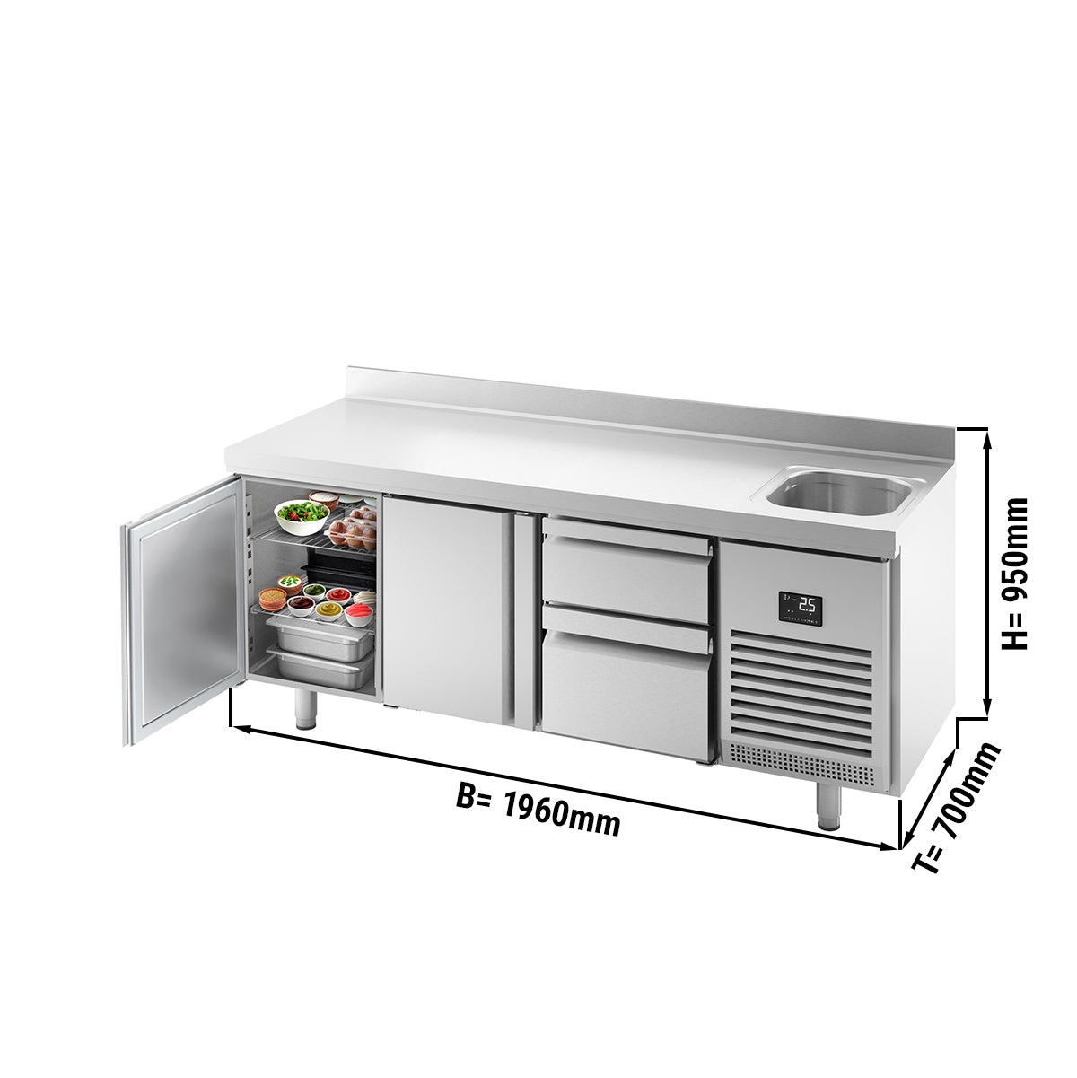 Refrigerated table - with 1 sink, 2 doors, 2 drawers 2/3 and 1/3 and back