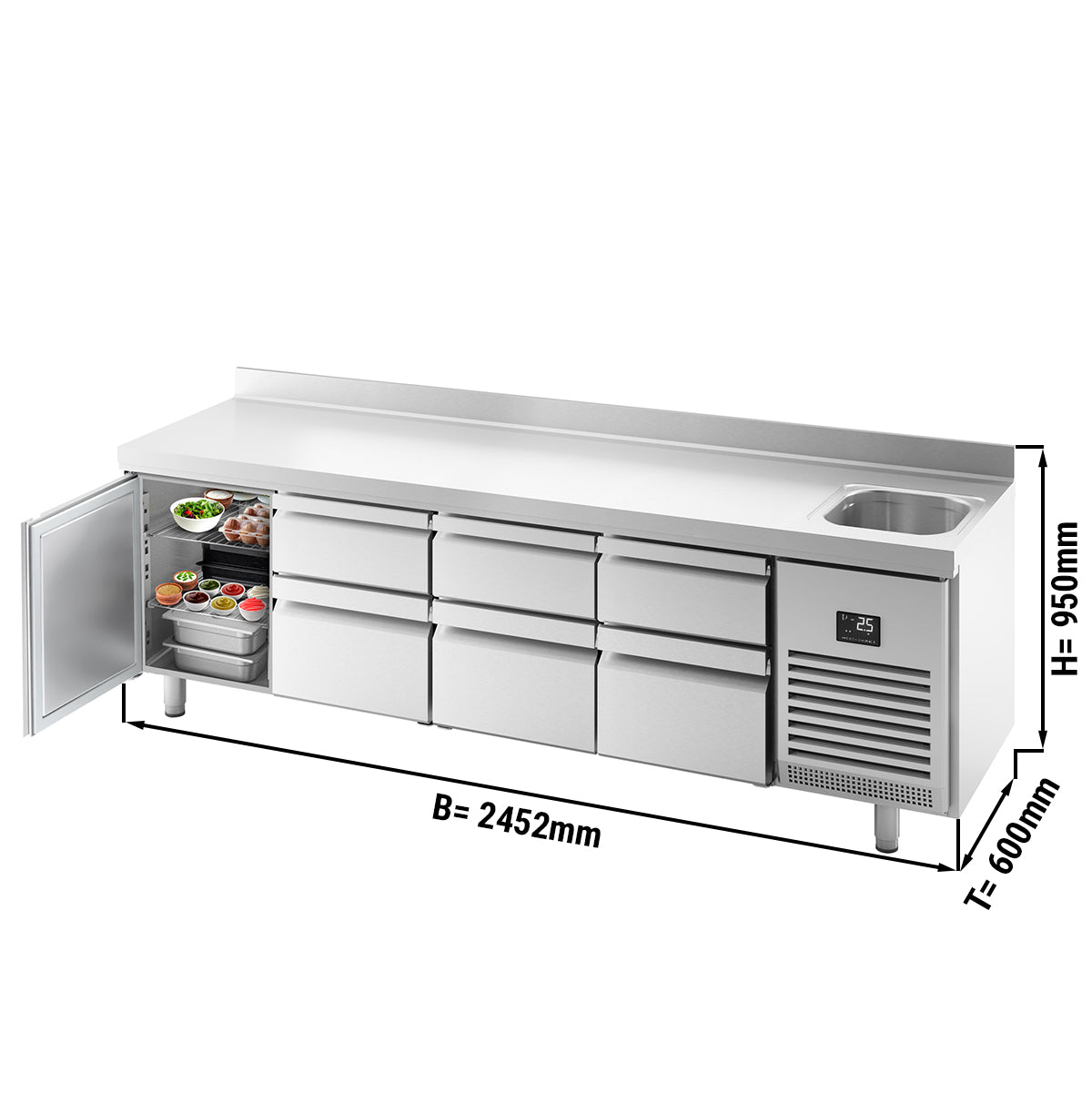 Refrigerator table - with 1 sink, 1 door, 6 drawers 2/3 and 1/3 and back