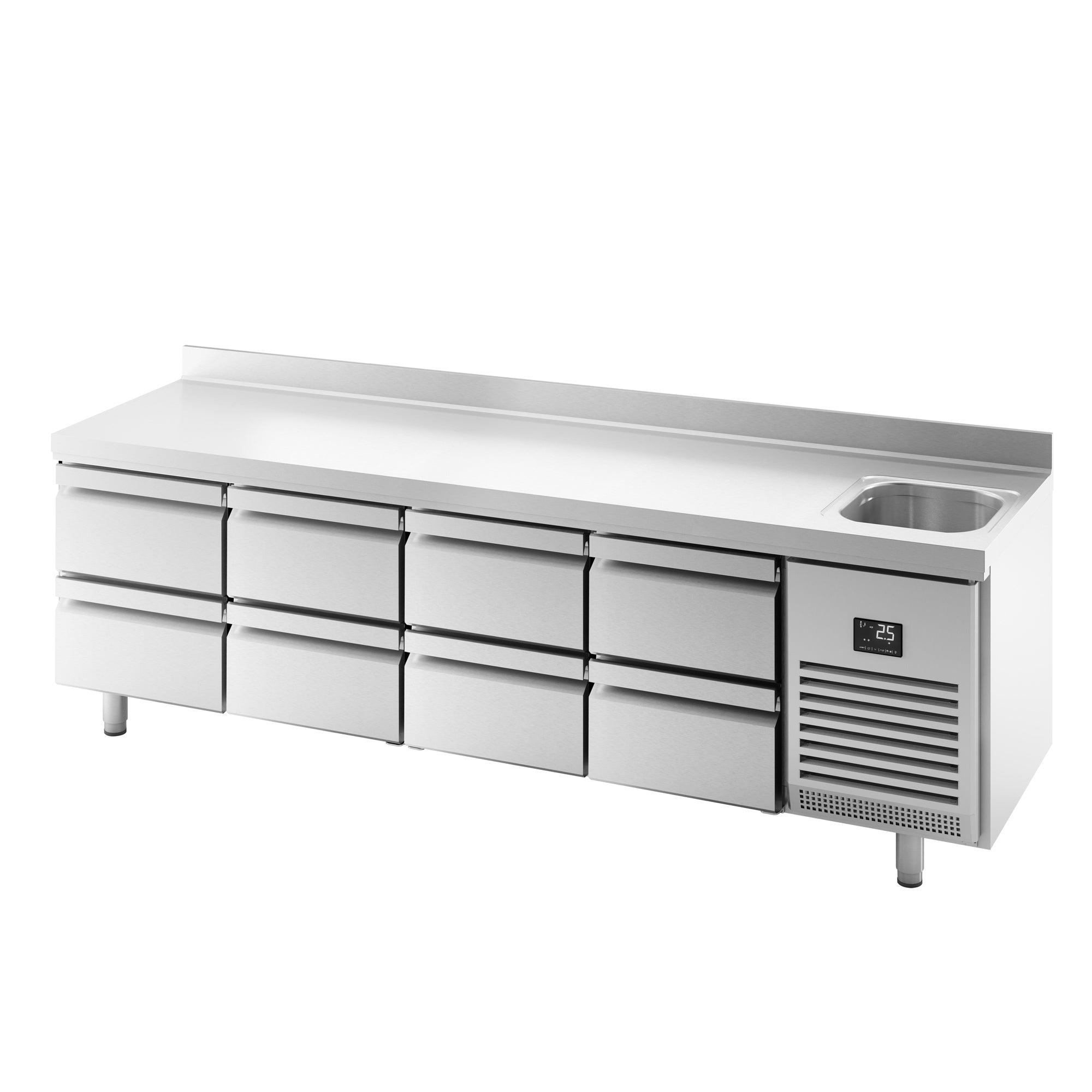 Refrigerated table - with 1 sink, 8 1/2 drawers and a back