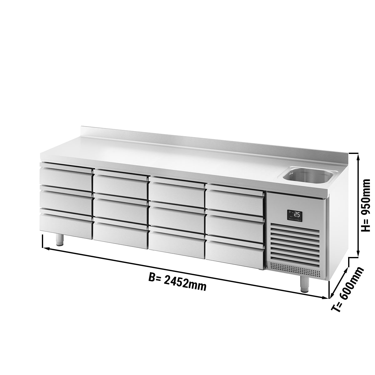 Refrigerator table - with 1 sink, 12 drawers 1/3 and back