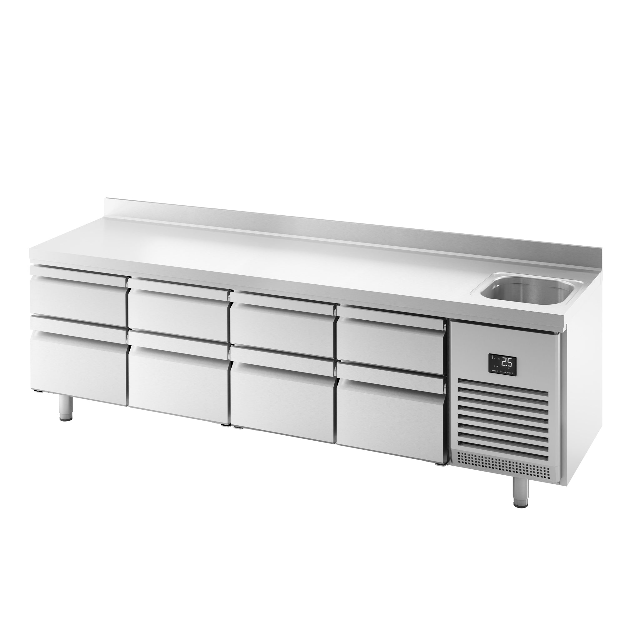 Refrigerated table - with 1 sink, 8 2/3 and 1/3 drawers and spine panel