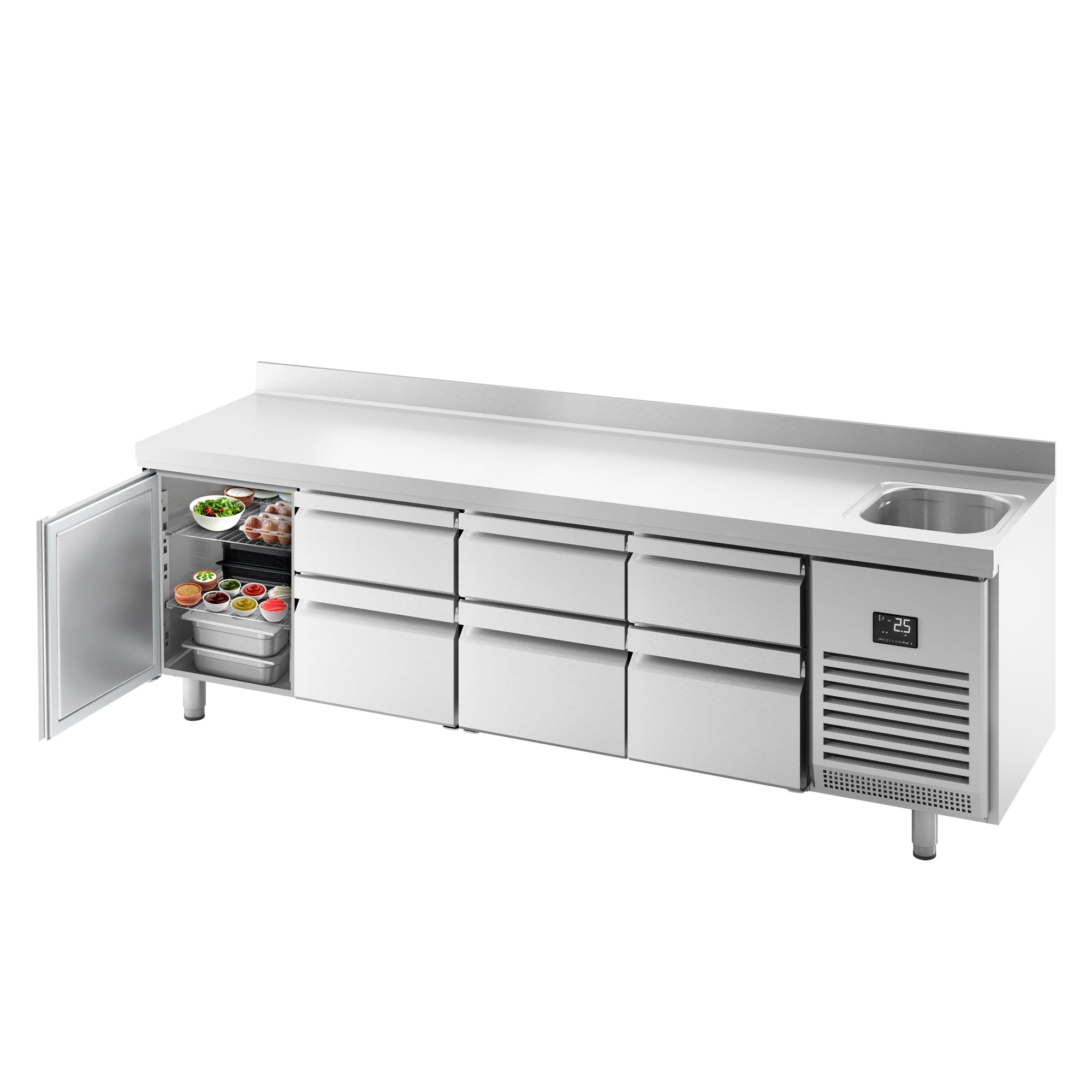 Refrigerated table - with 1 sink, 3 doors, 3 drawers 1/3 and a back