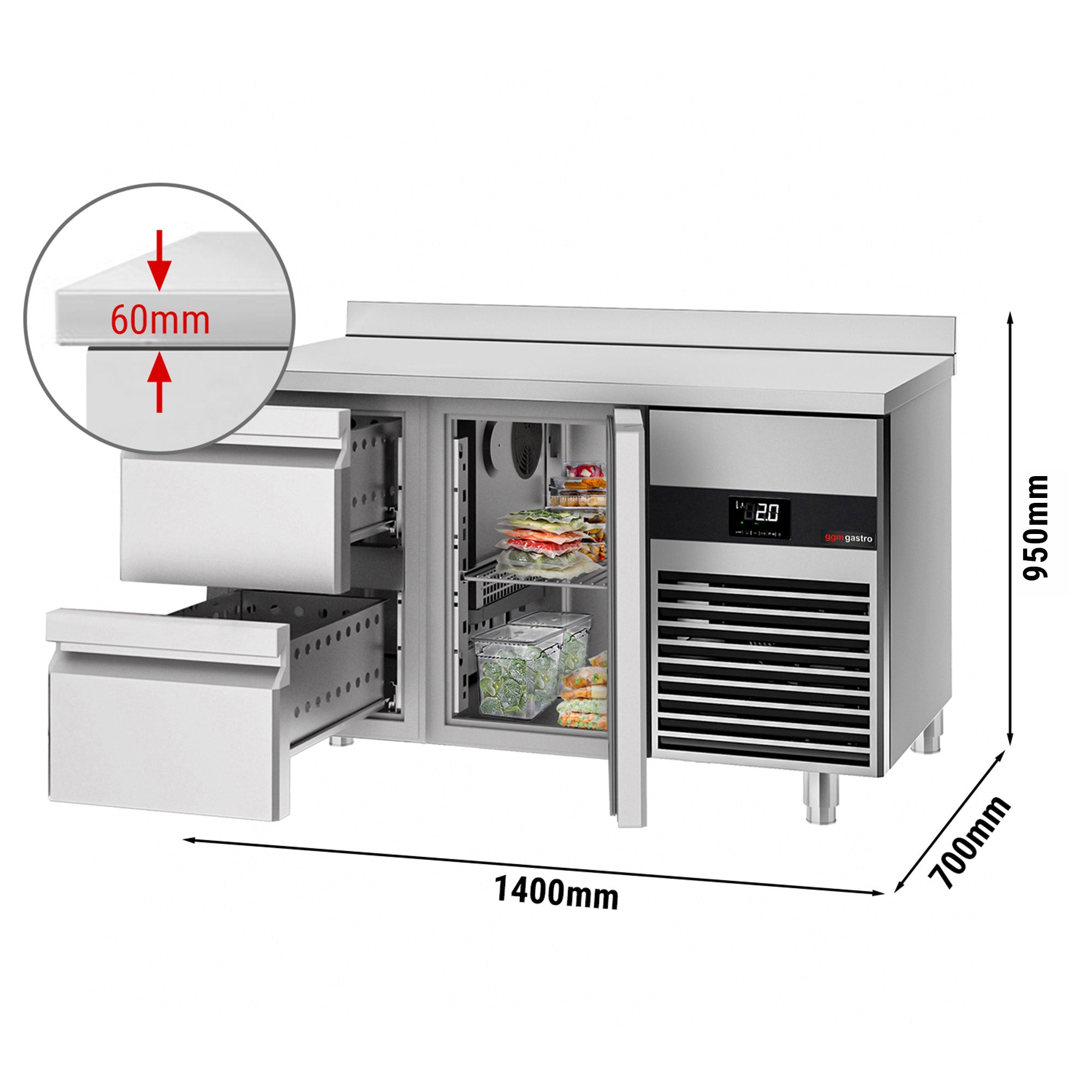 Refrigerator table PREMIUM - 1.4 x 0.7 m - with 1 door and 2 drawers 1/2