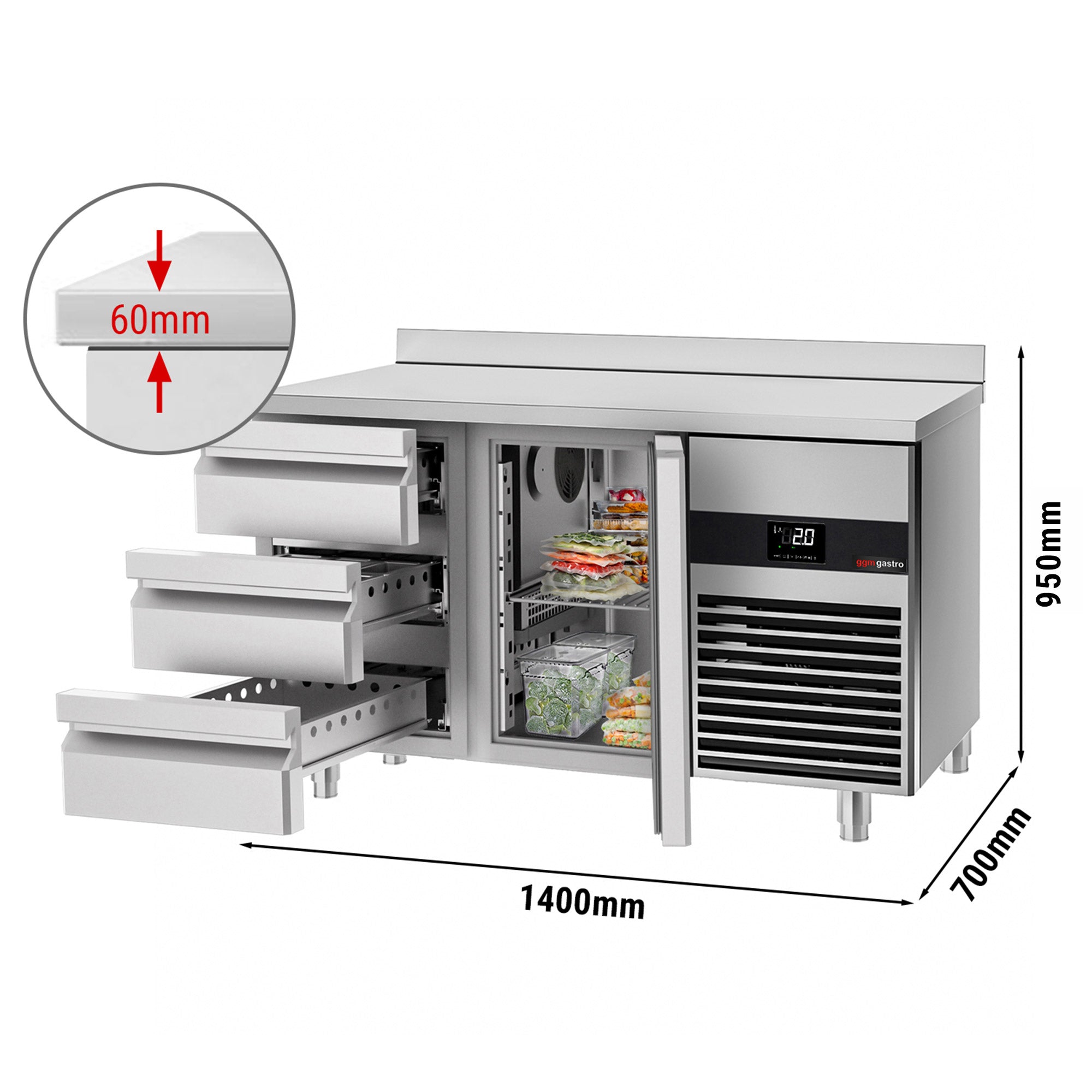 Refrigerator table PREMIUM - 1.4 x 0.7 m - with 1 door and 3 drawers 1/3