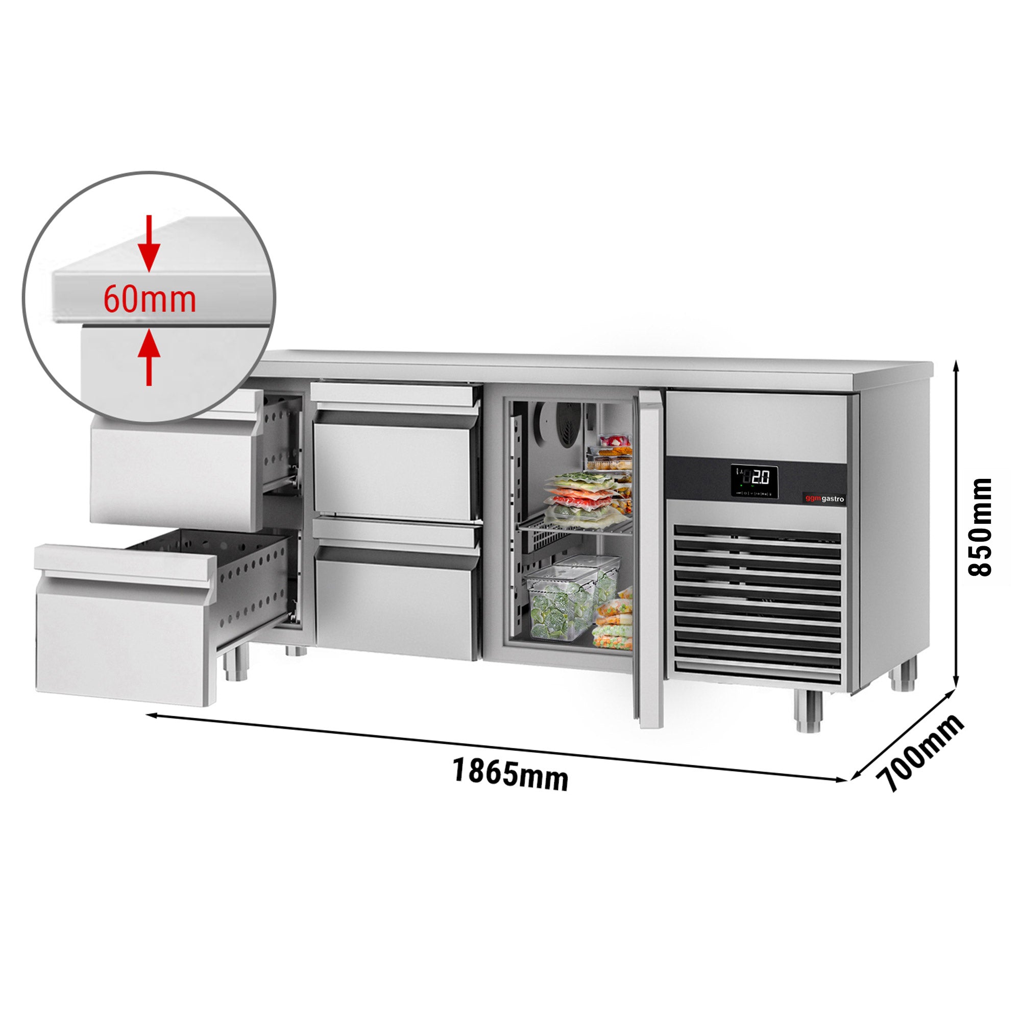 Refrigerator table PREMIUM - 1.86 x 0.7 m - with 6 drawers 1/2 PREMIUM - 1.86 x 0.7 m - with 1 door and 4 drawers 1/2