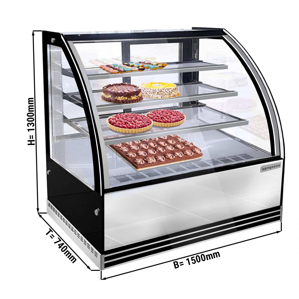 Хладилник за торти 1,5 м - 3 рафта - предно стъкло кръгло (LED)