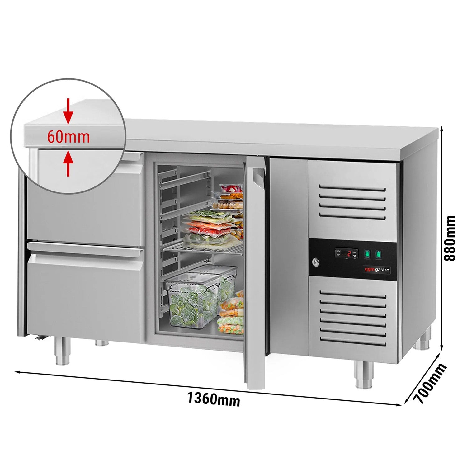 Refrigerator table ECO - 1.36 x 0.7 m - with 1 door and 2 drawers 1/2