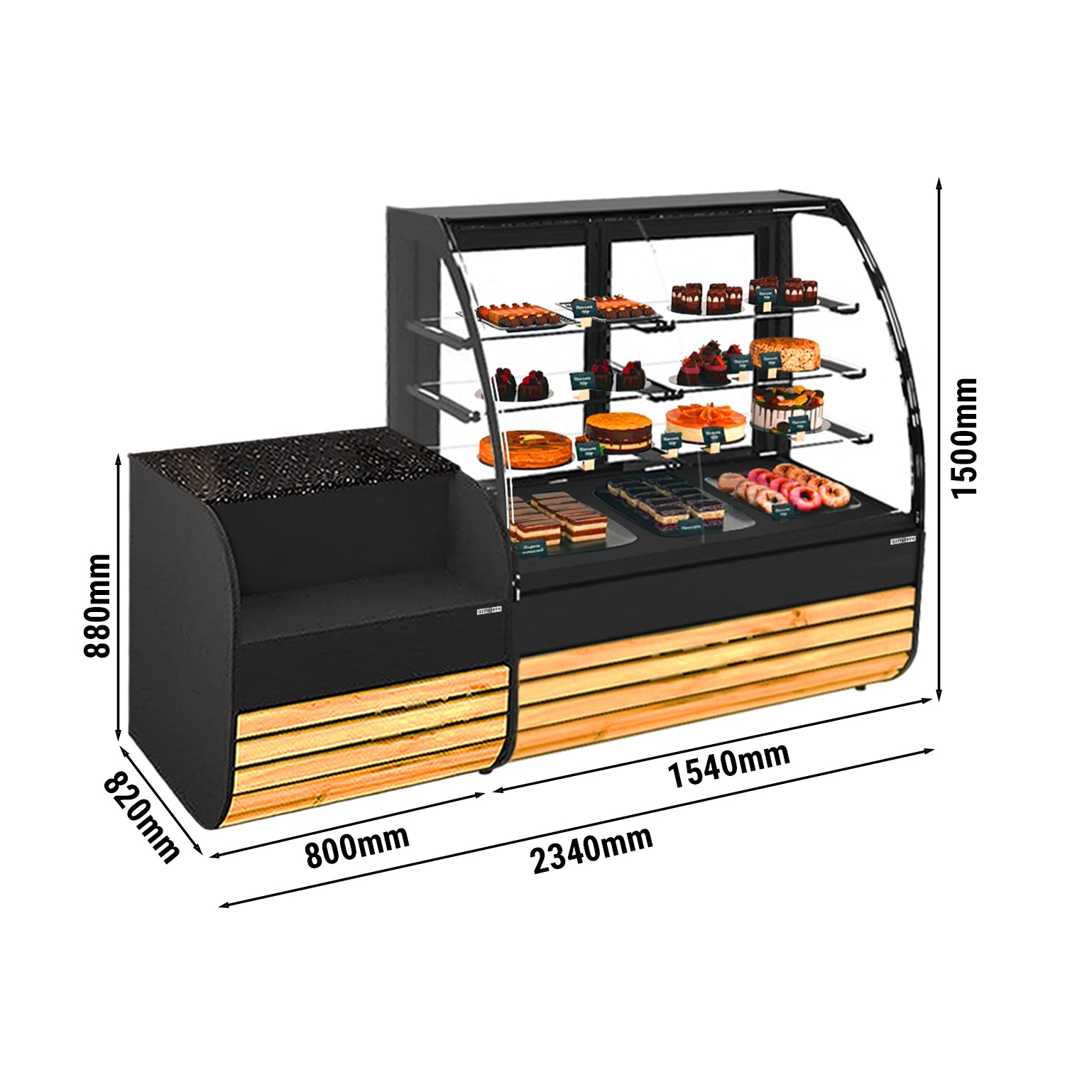 Cake display - 1.58 x 0.82 m - with 3 glass shelves - incl. Cash register - 0.8 m