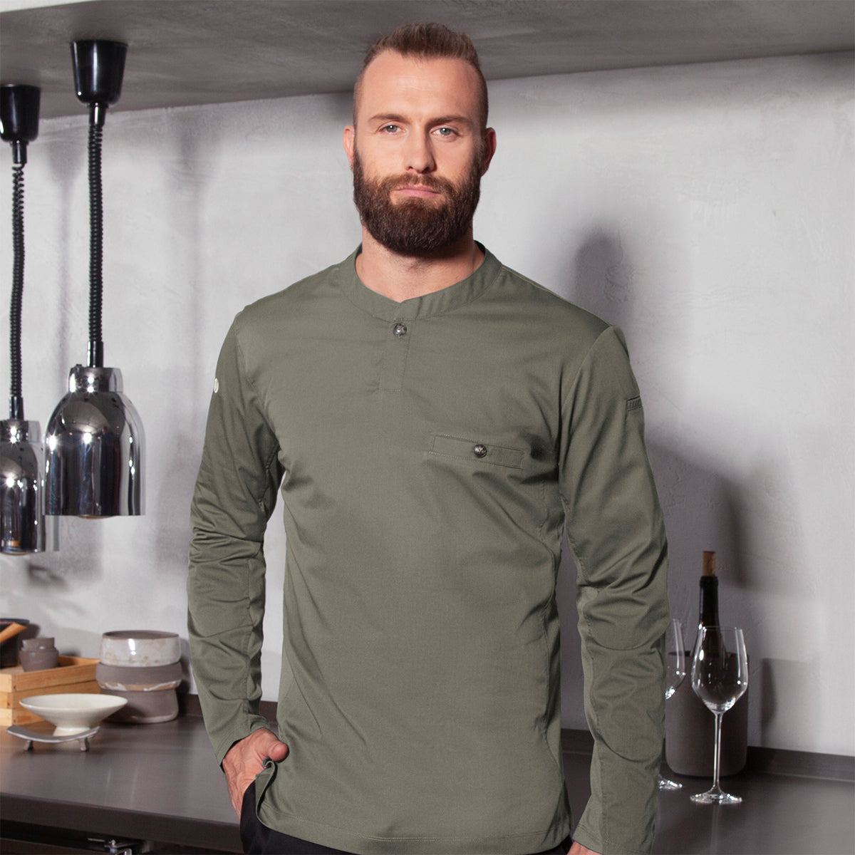 (6 pieces) Karlowsky - men's work shirt with long sleeves design - sage - size: L