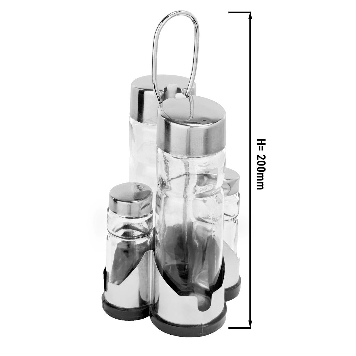 Cruet - 4 pieces in a rack - with vinegar and oil, salt and pepper