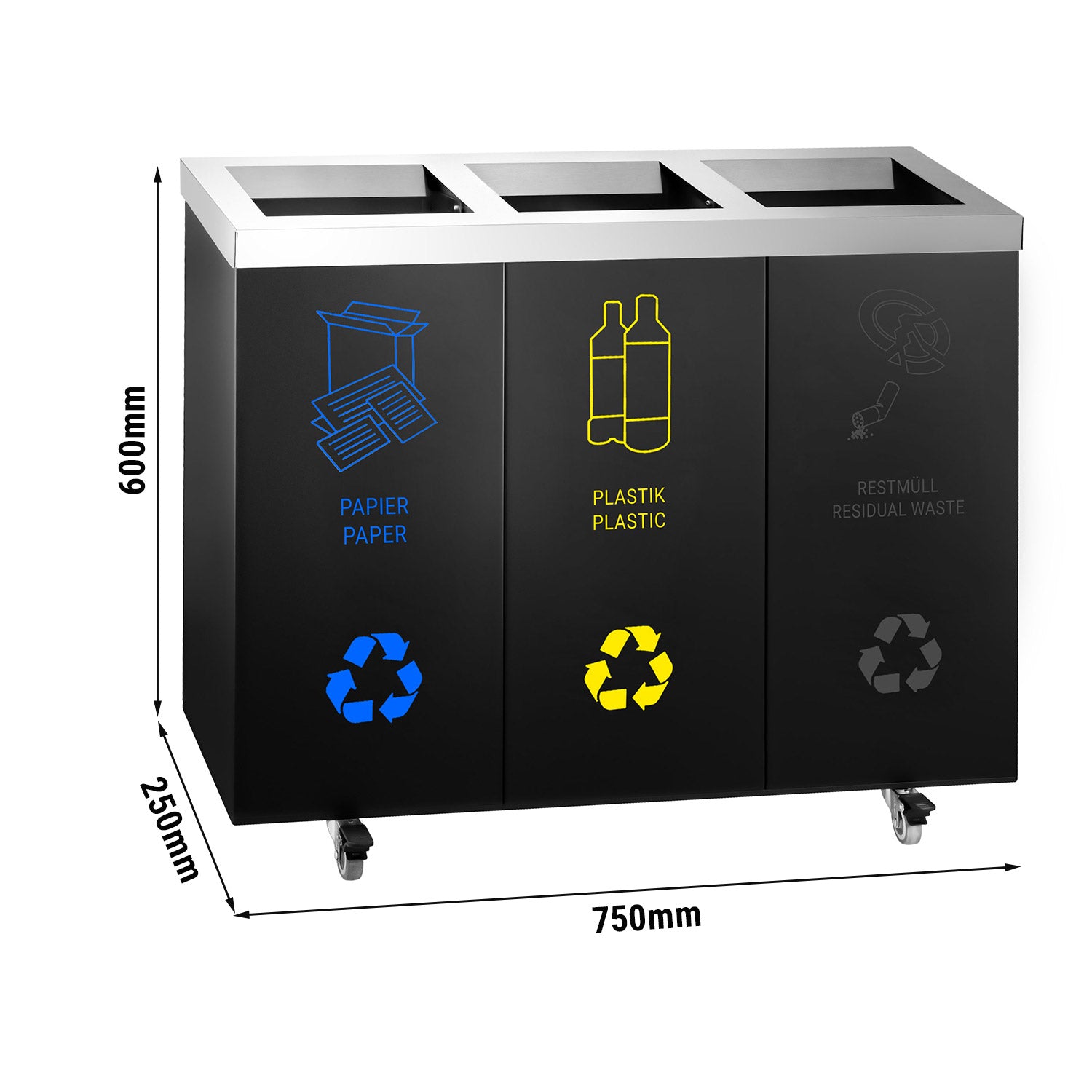 Система за разделяне на отпадъците с 3 отделения - 4 колелца - неръждаема стомана
