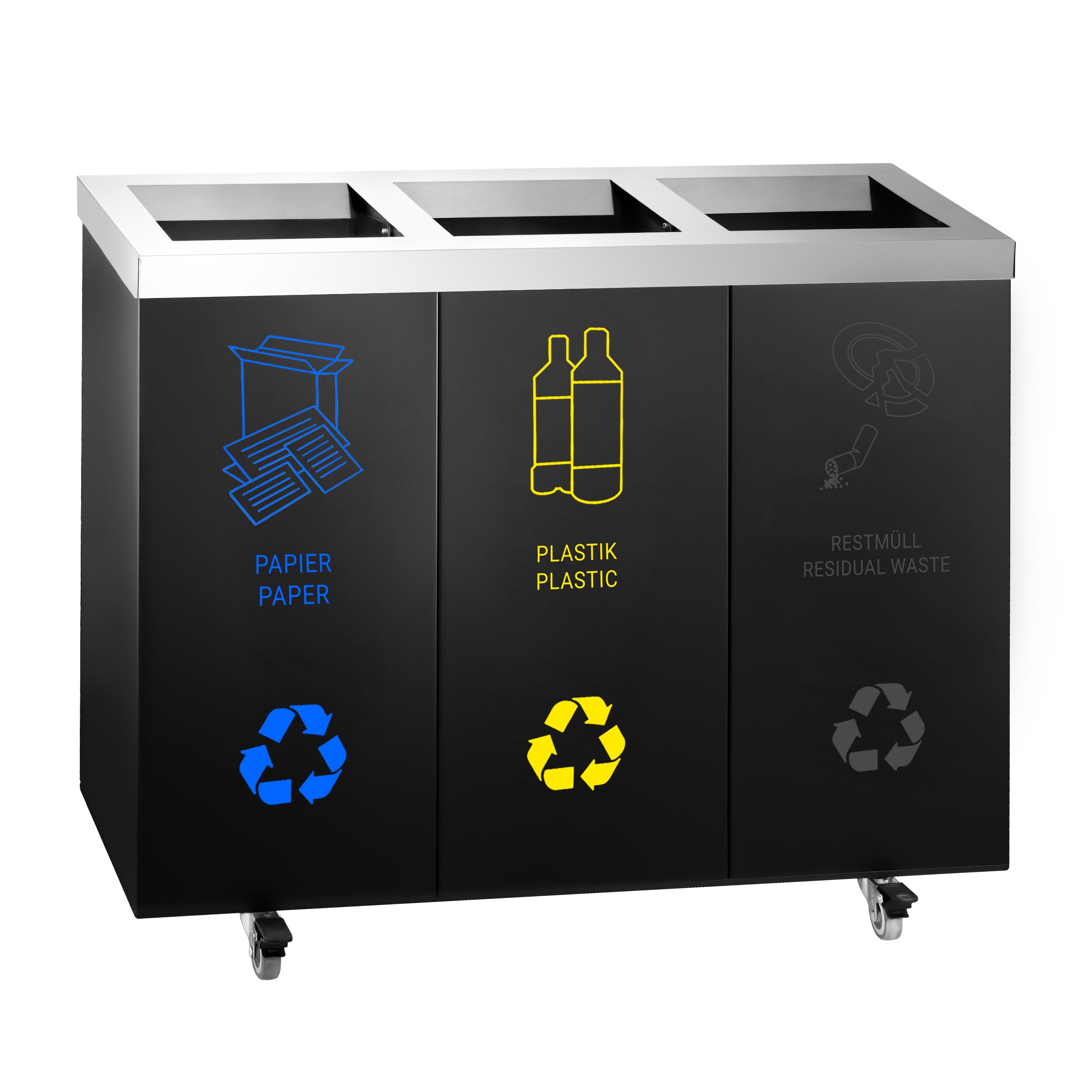 Система за разделяне на отпадъците с 3 отделения - 4 колелца - неръждаема стомана
