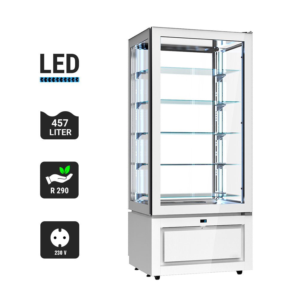 Panoramic refrigerated display case - 457 liters - with 5 glass shelves - White