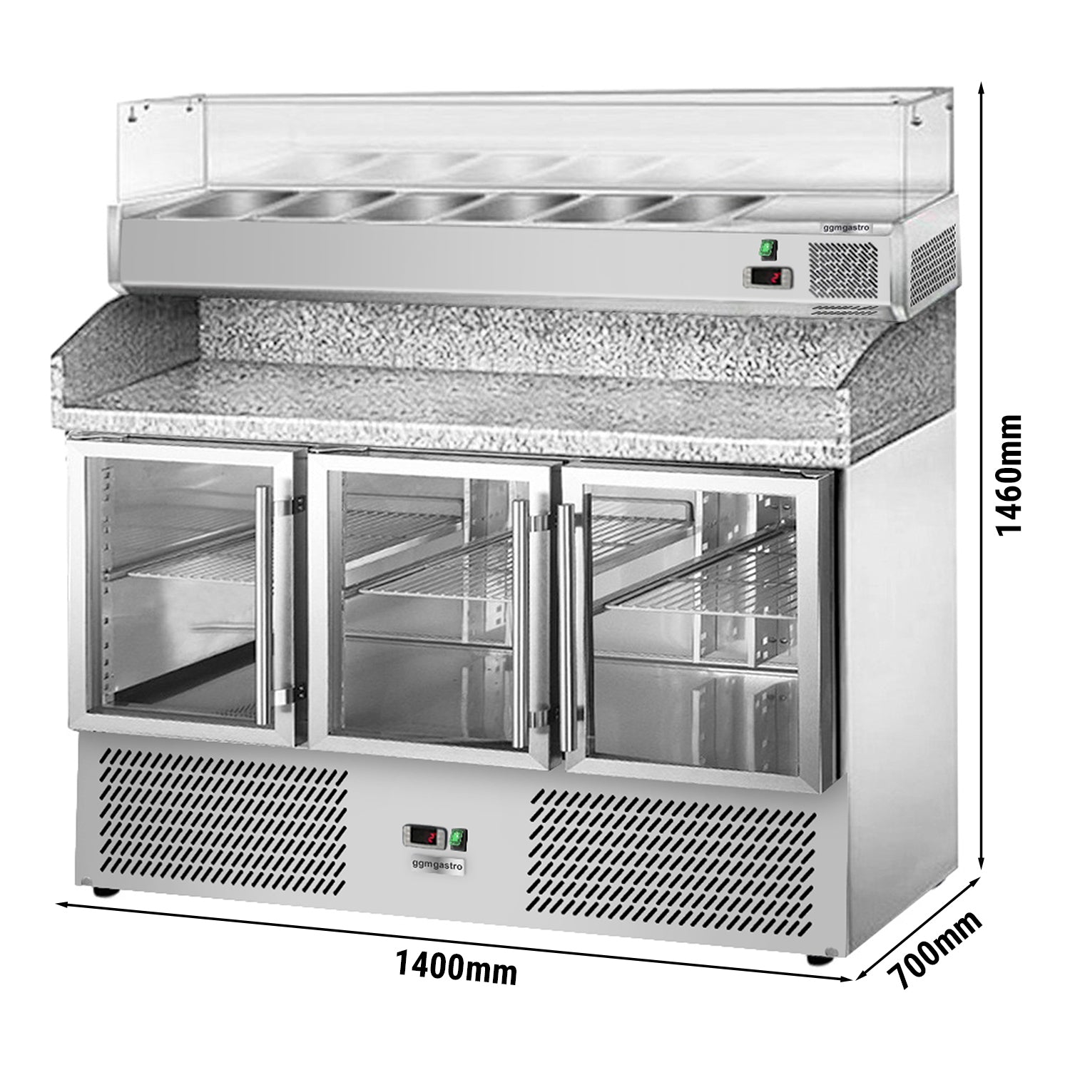 Refrigerator table for pizza PREMIUM - 1.4 x 0.7 m - 3 glass doors and granite tiles