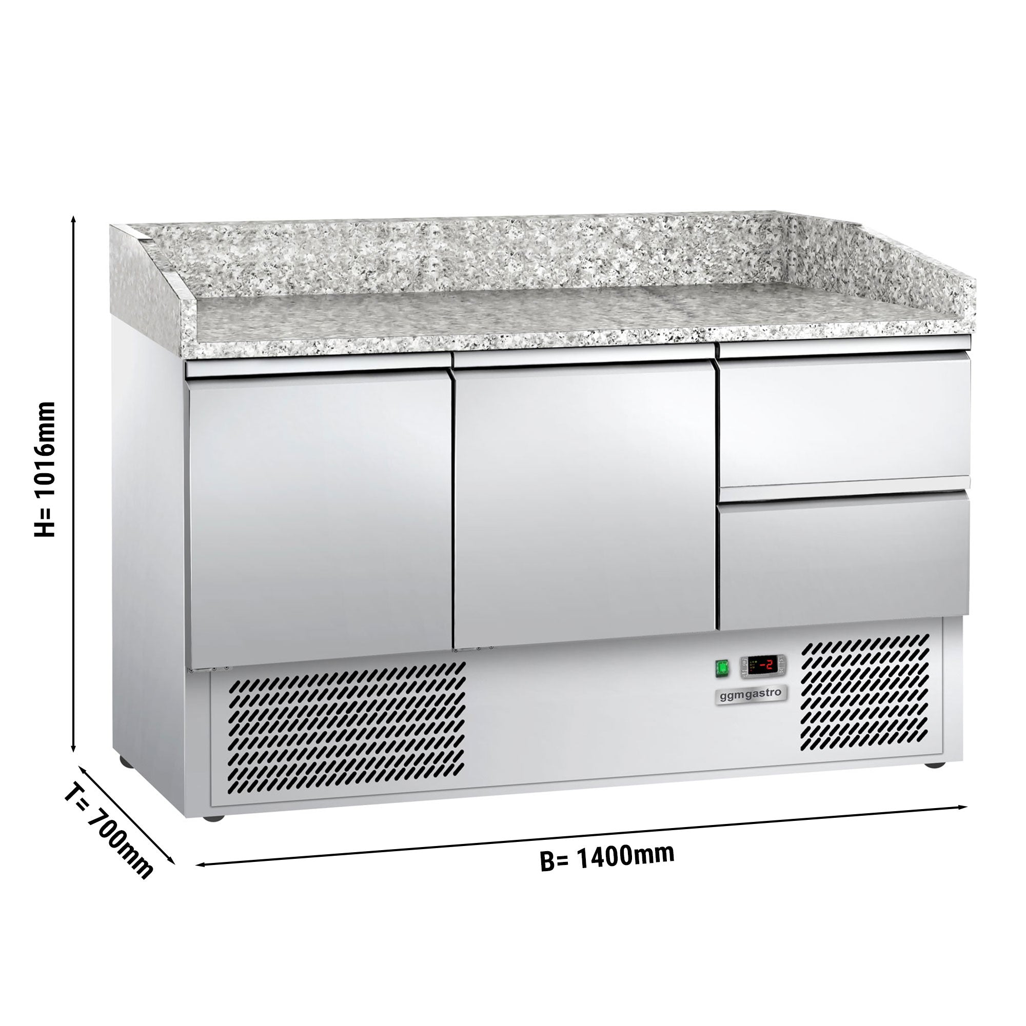 Pizza refrigerator table ECO 1.4 mx 0.7 m - with 2 doors and 2 drawers 1/2 &amp; granite top