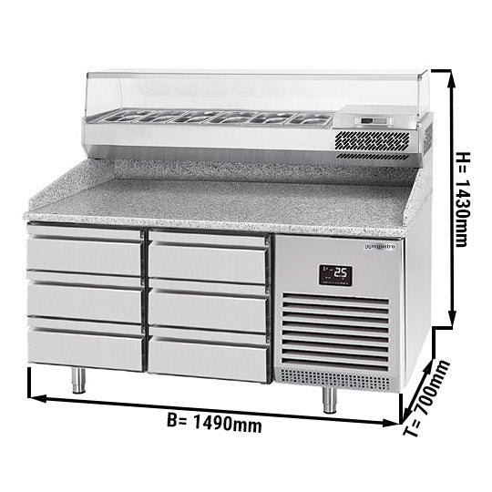 Хладилна маса за пица (GN) - с 6 чекмеджета 1/3 (GN 1/1) и охлаждаща горна витрина за 6x GN 1/4 контейнера