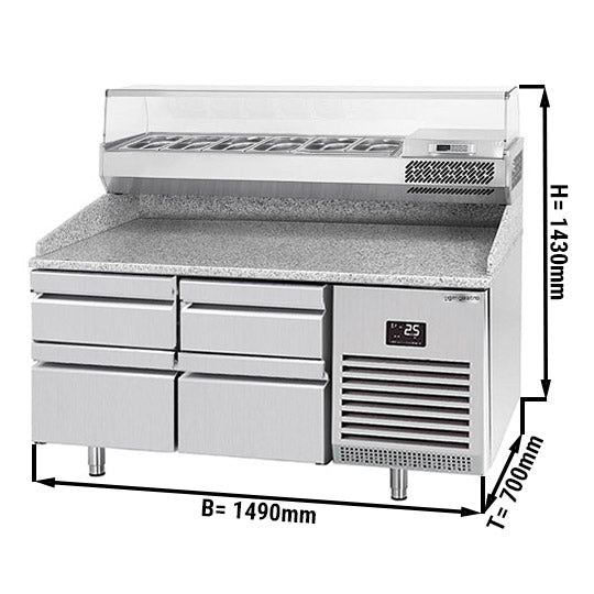 Охладителна маса за пица (GN) - с 4 чекмеджета 2x 2/3 и 2x 1/3 (GN 1/1) и охлаждаща горна витрина за 6x GN 1/4 контейнера