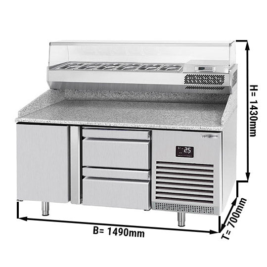 Хладилна маса за пица (GN) - с 1 врата, 2 чекмеджета 1/2 (GN 1/1) и охлаждаща горна витрина за 6x GN 1/4 контейнера