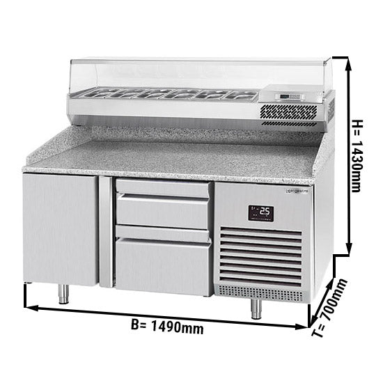 Хладилна маса за пица (GN) - с 1 врата, 2 чекмеджета 1x 2/3 и 1x 1/3 (GN 1/1) и охлаждаща горна витрина за 6x GN 1/4 контейнера