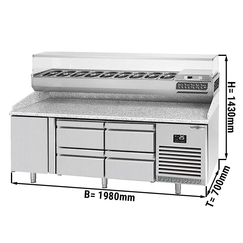 Refrigerated pizza table (GN) - with 1 door, 4 drawers 1/2 (GN 1/1) and cooling upper display for 9x GN 1/4 containers