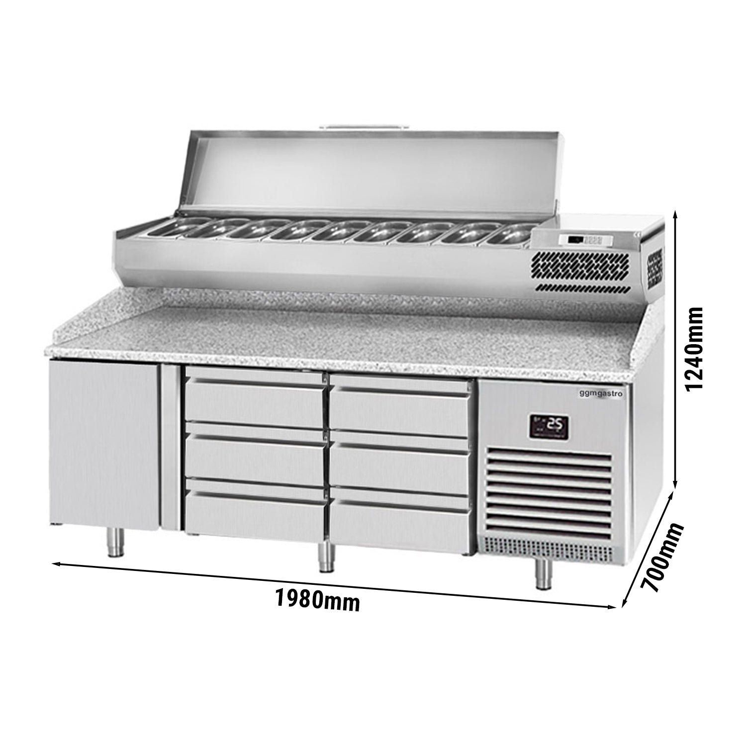 Охладителна маса за пица (GN) - с 1 врата, 6 чекмеджета 1/3 (GN 1/1) и охлаждаща горна витрина за 9x GN 1/4 контейнера